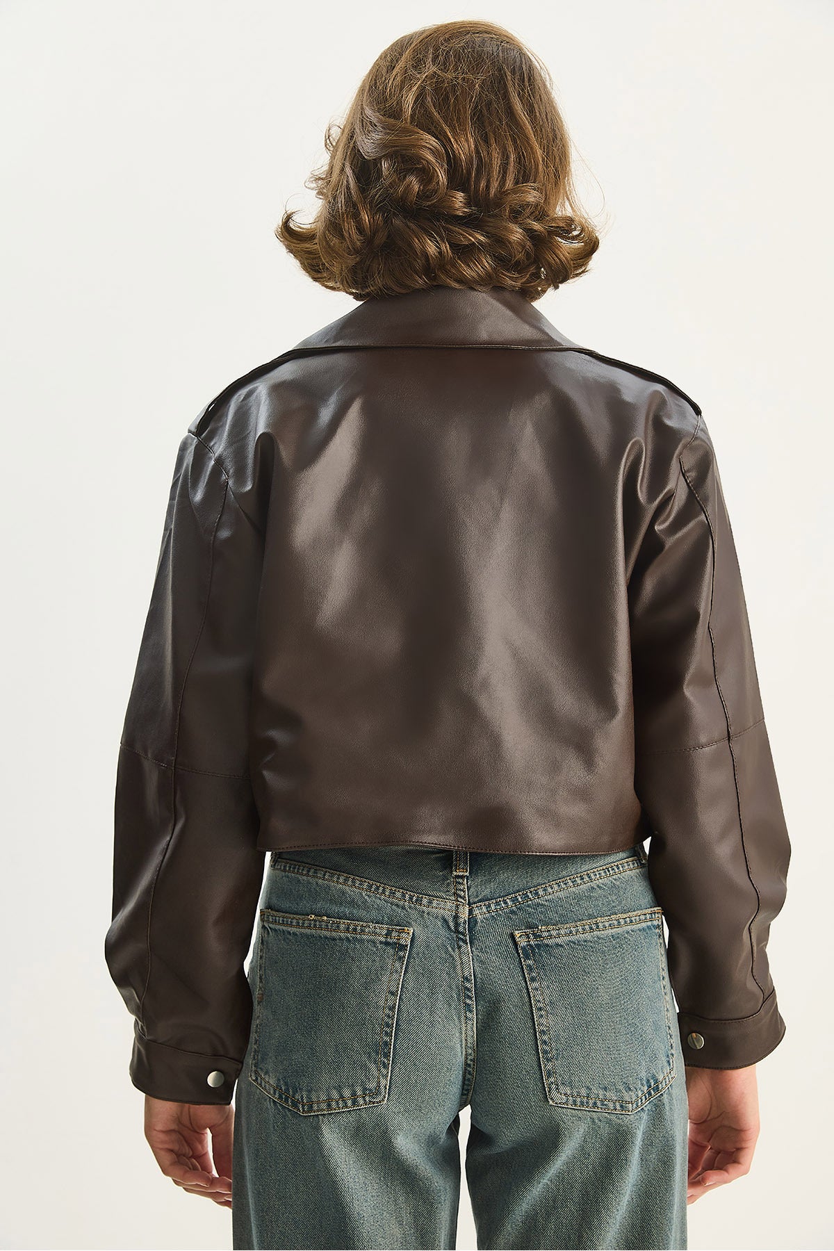 Women's Wide Pocket Detailed Belted Oversize Crop Leather Jacket 3129 60284102