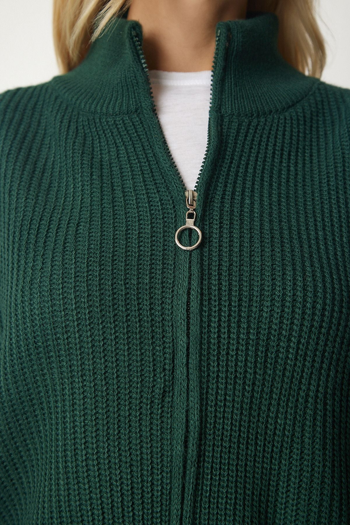 Female emerald green zipper knitwear cardigan yy00172