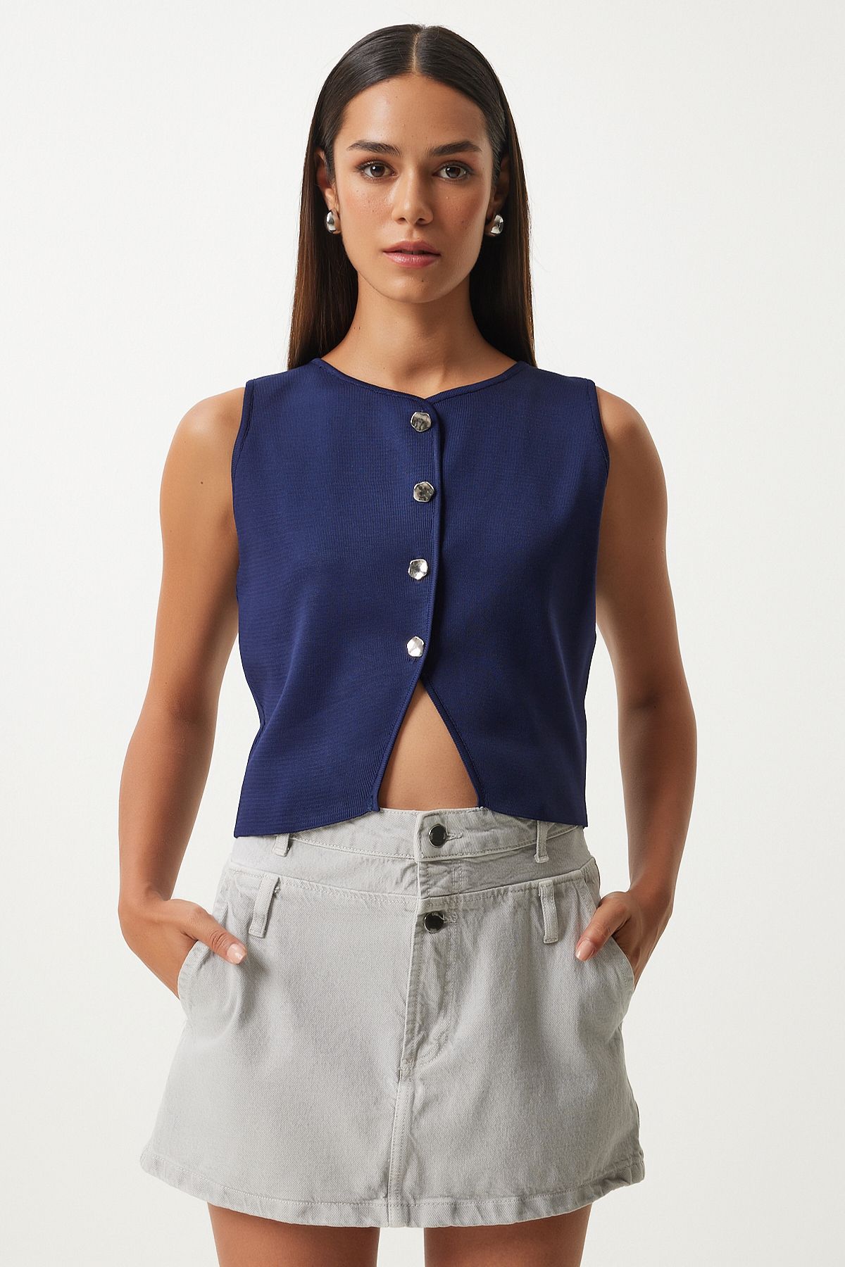Woman navy blue stylish button crop knitwear vest FN03209