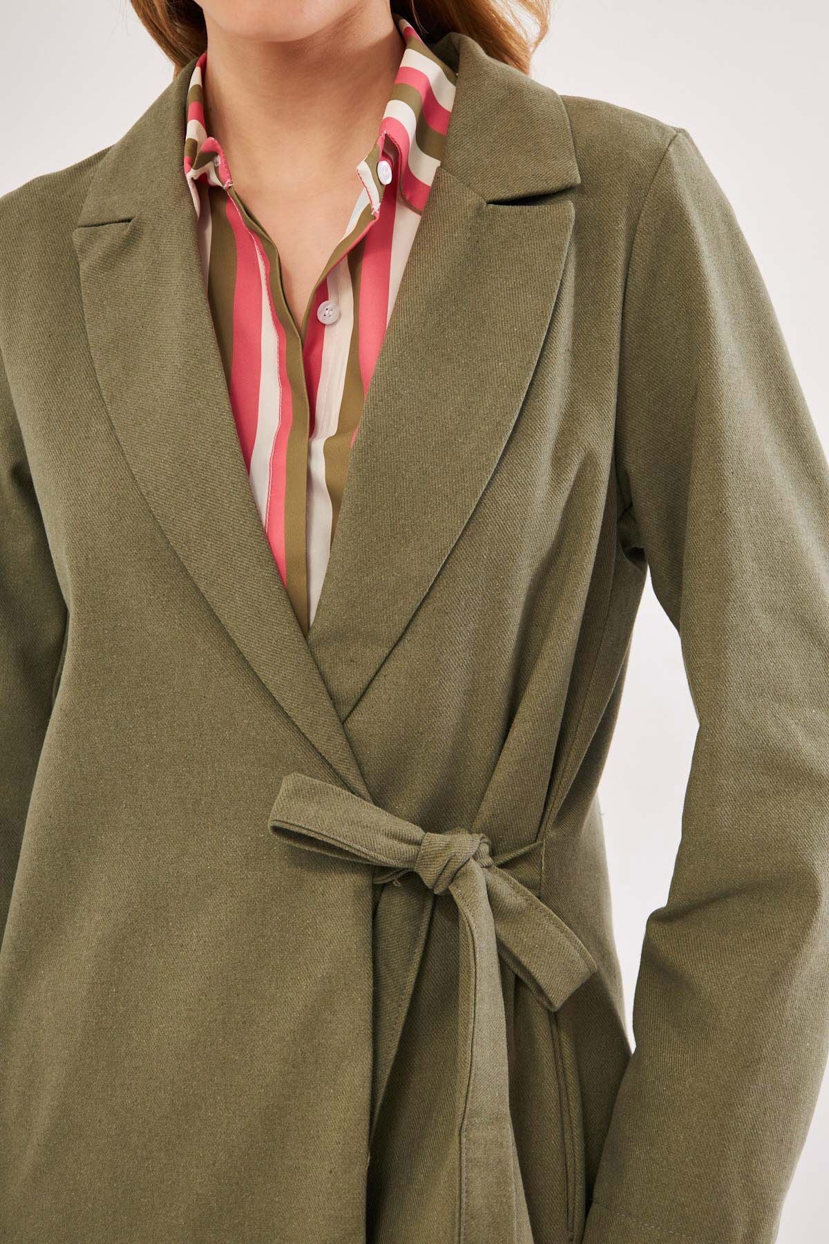 Women's Khaki side-binding long coat ARM-24Y001019