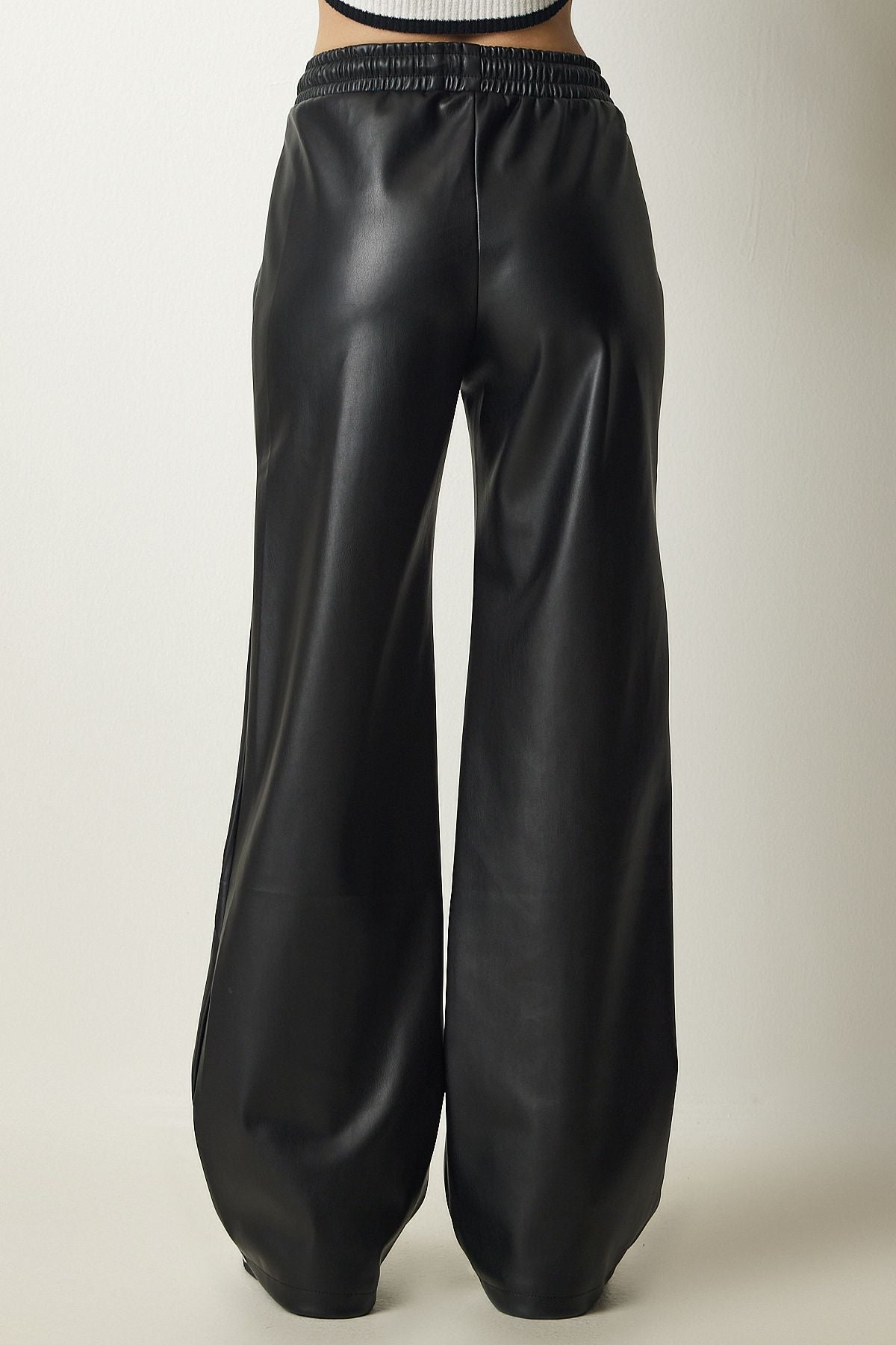 Female Black Premium Laced Artificial Leather Pants FN03156