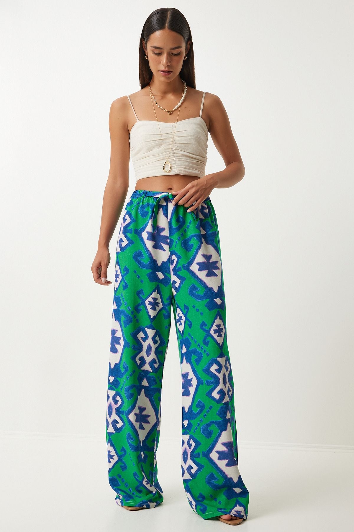 Female Green Blue Patterned Raw Linen Palazzo Pants BH00397