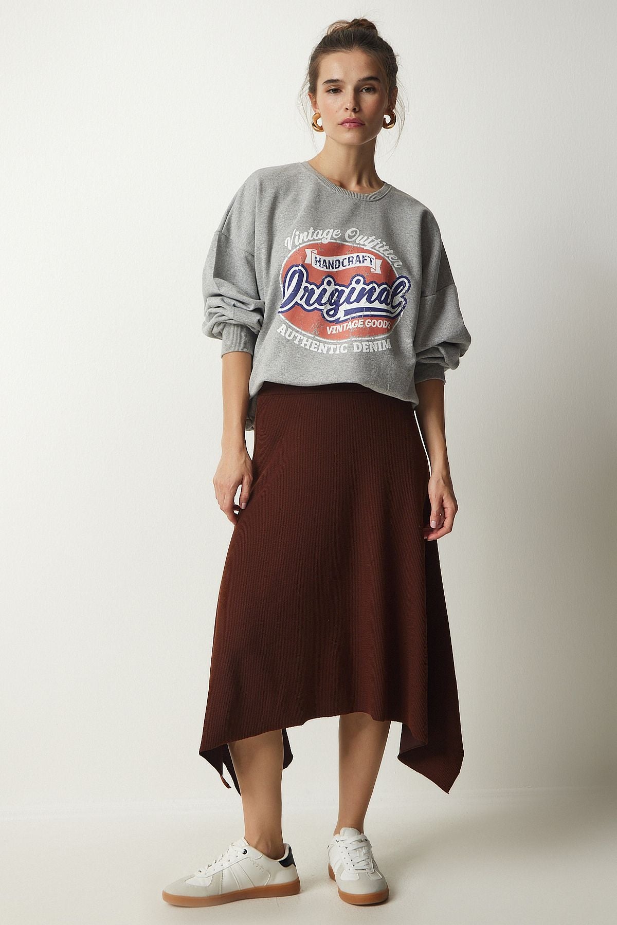 Female brown asymmetrical cut wick knitted skirt MC00227