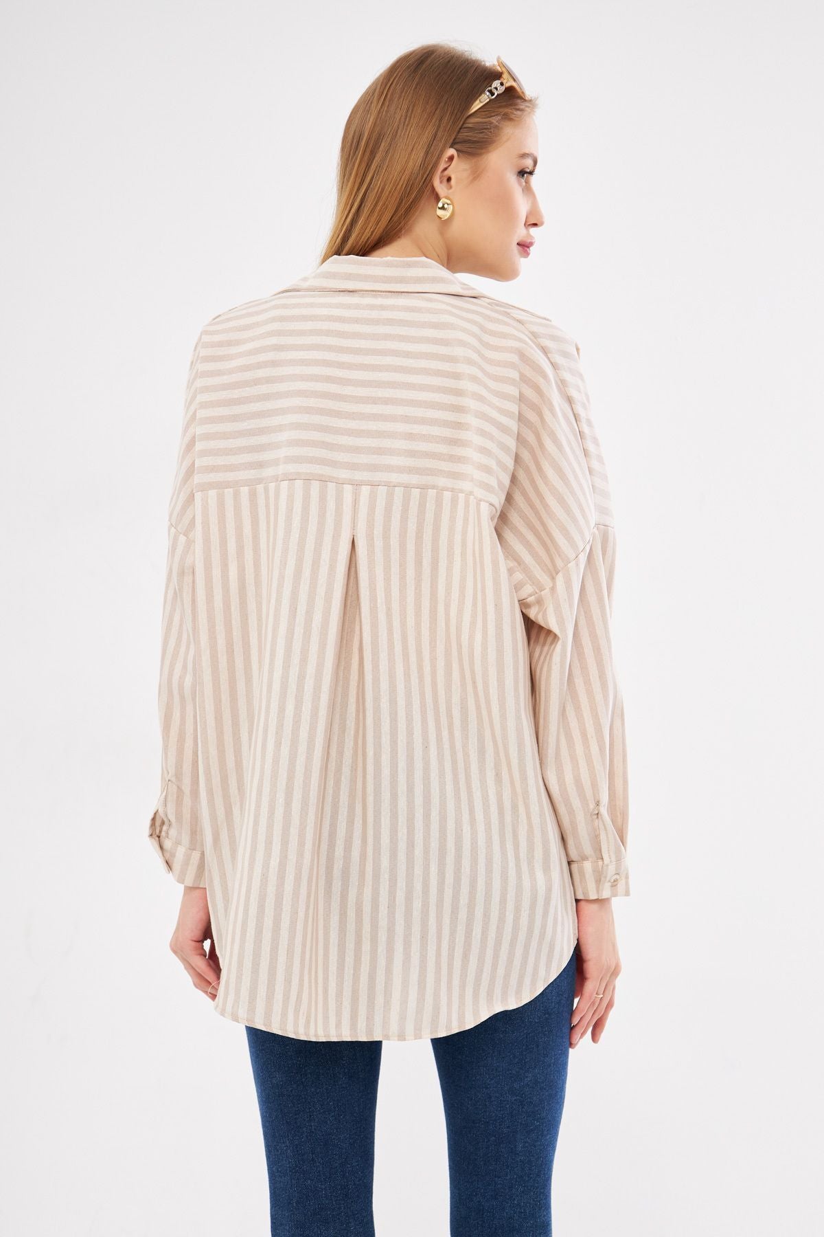 Female mink striped long arm pocket detailed pleatedly overlaw shirt ARM-24Y001057
