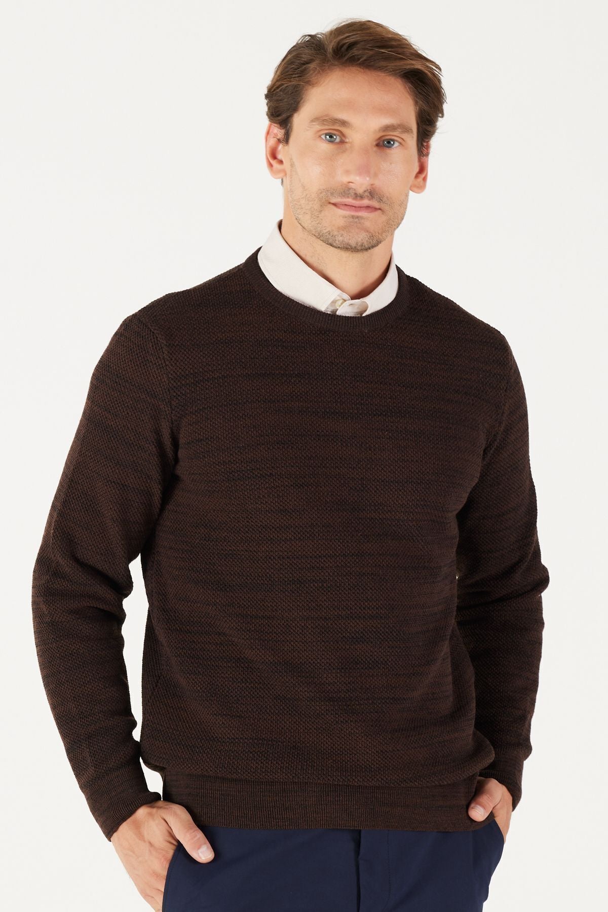 Men's Brown-Black Standard Fit Normal Cut Normal Cycling Bike Patterned Knitwear Sweater