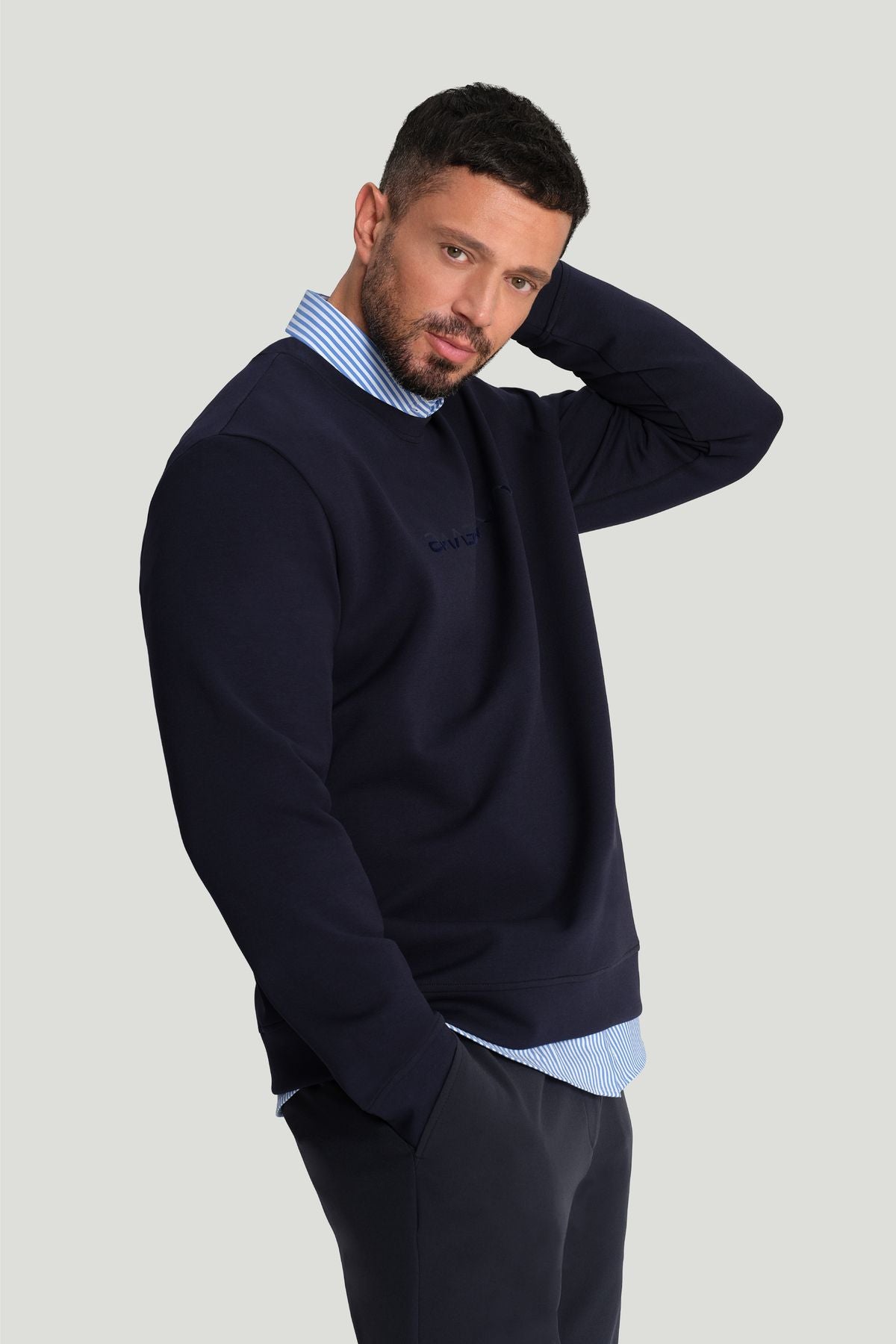 Men's navy blue bike collar cotton printed elastan sweatshirt a42y1221