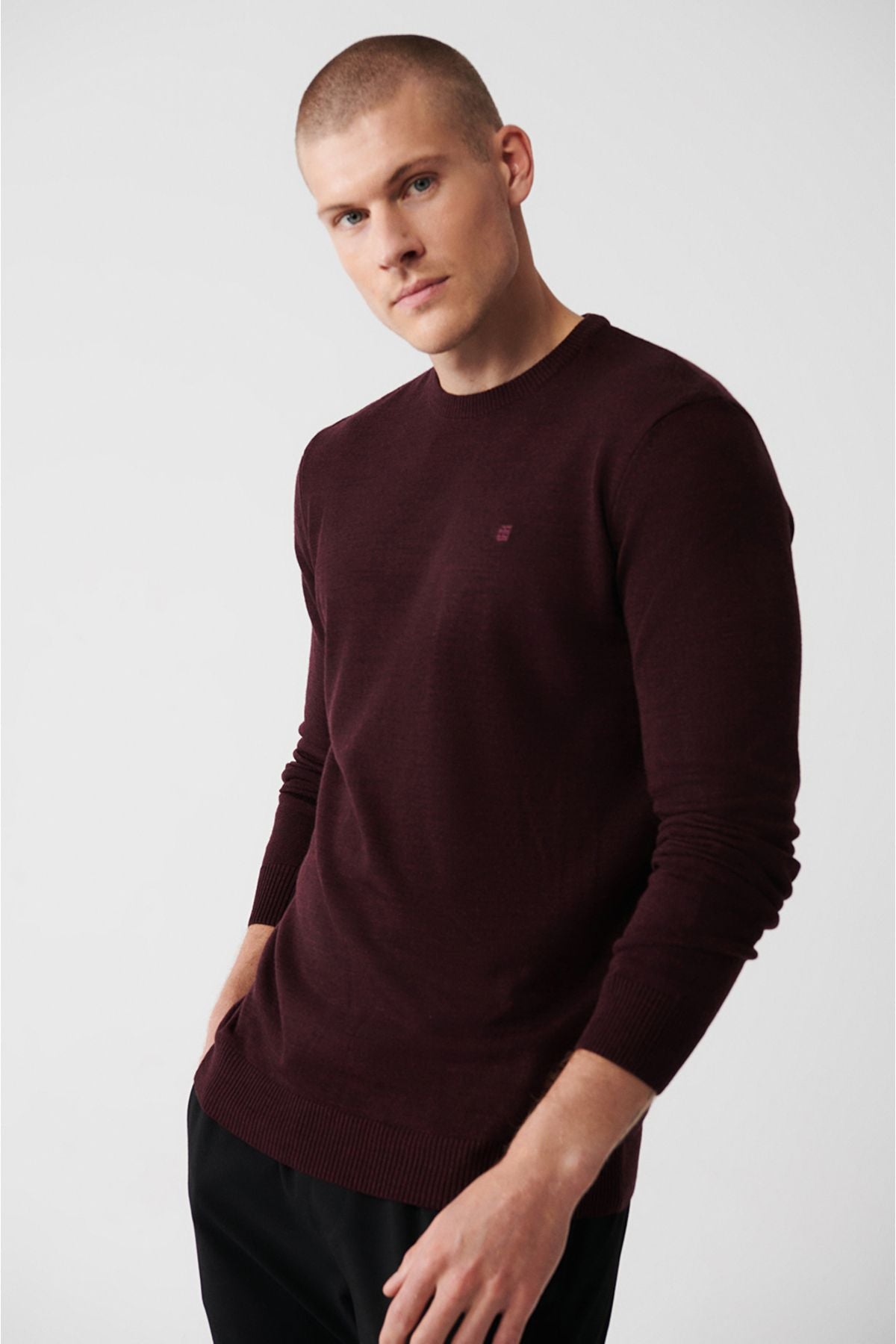 Men's burgundy bike collar hair -free knitwear sweater E005000