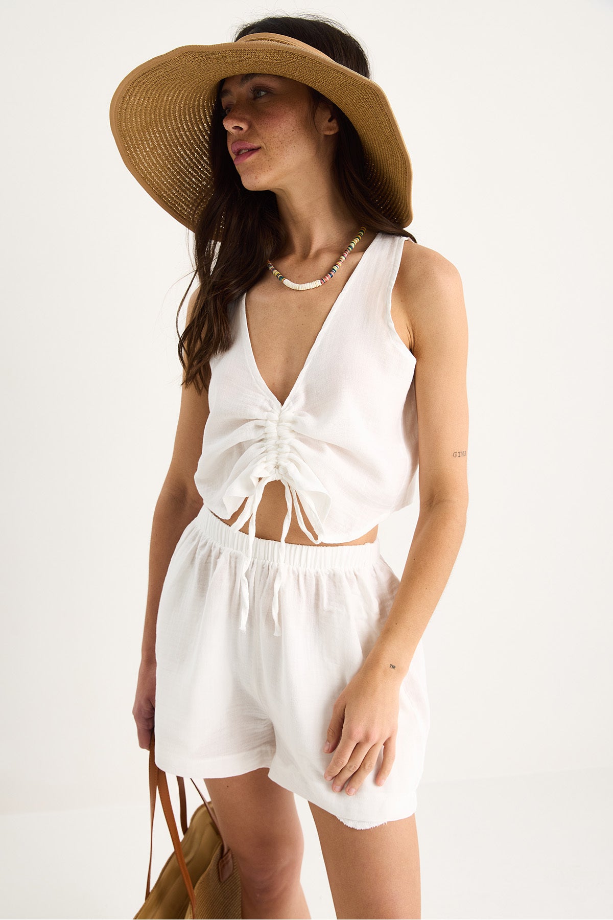 Women's V-neck Gather Detailed Blouse Elastic Waist Shorts Cotton Thin Muslin Suit 8051 60283374