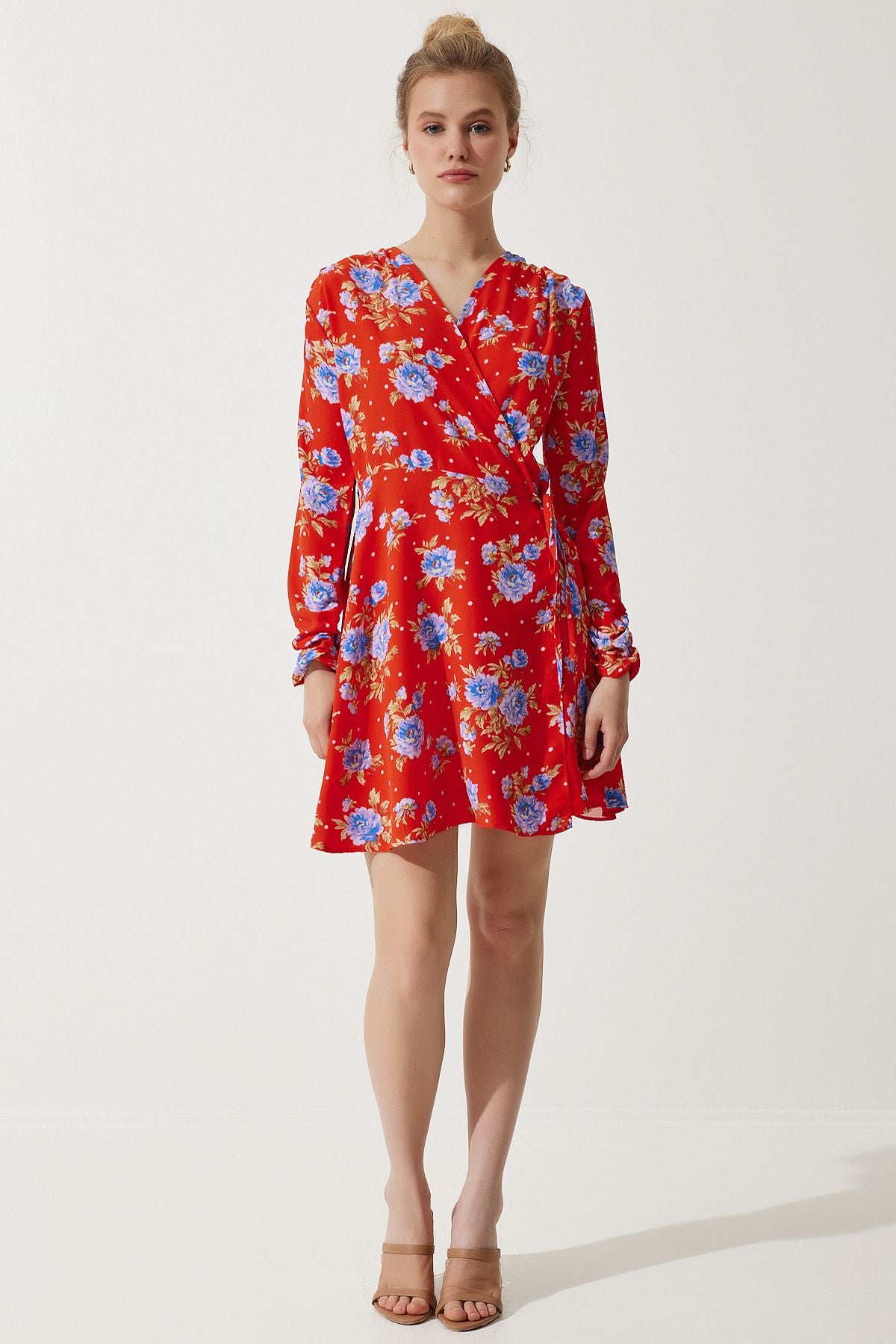 Woman Red Flower Mini Anvelop Chiffon Dress UB00274