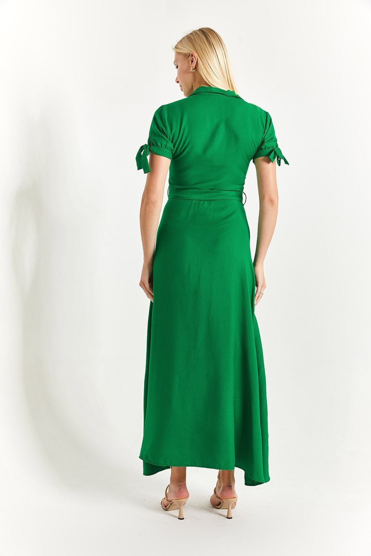 Female green arm connected waist belt shirt dress ARM-23Y001004