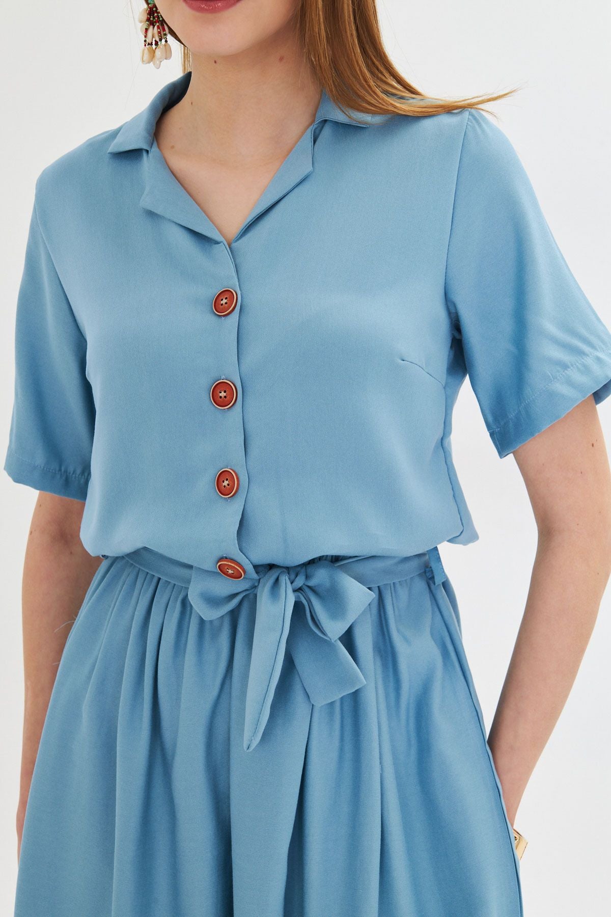 Woman Indigo front buttoned waist shirred belt midi size dress ARM-24Y001068