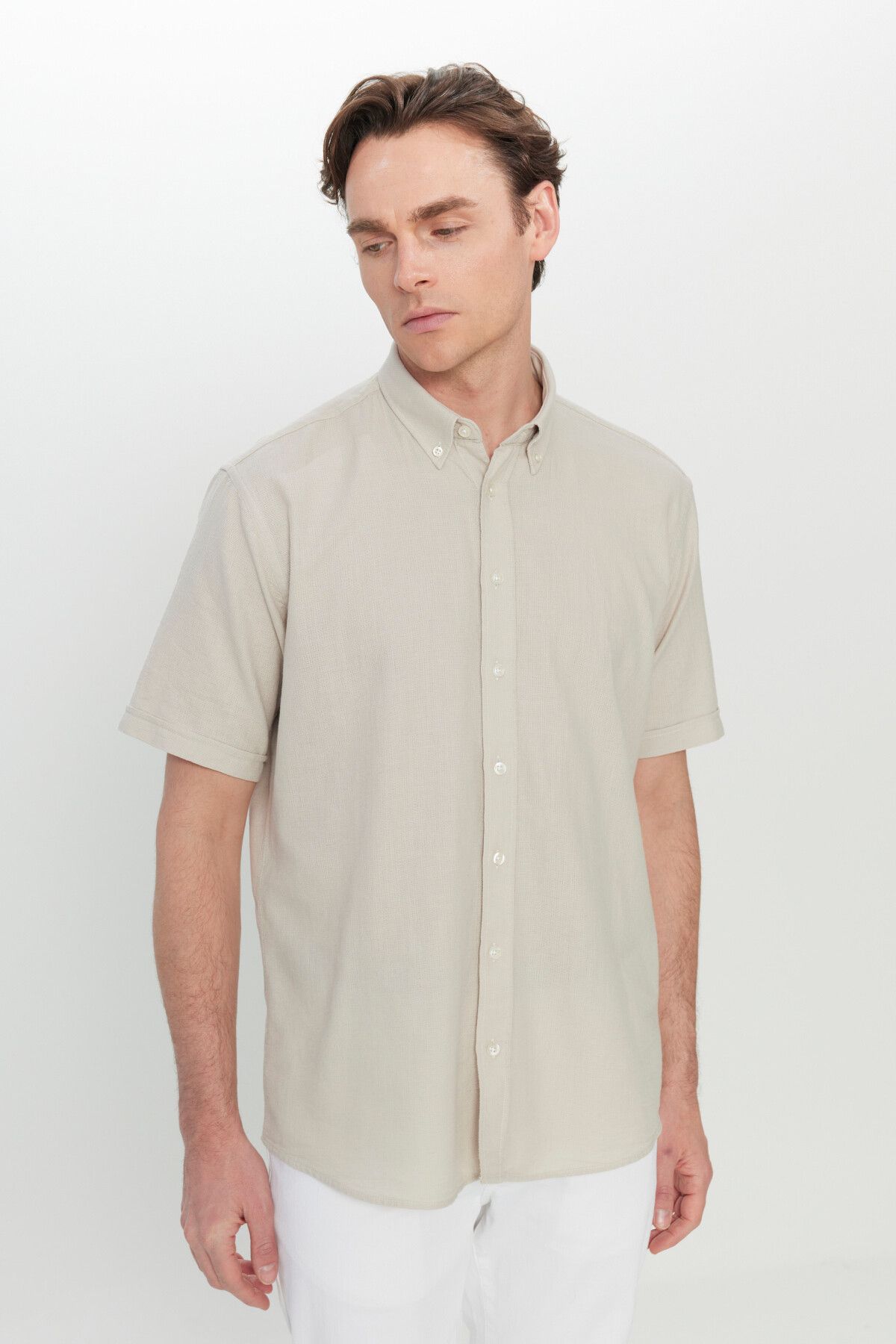 Men's Beige 100 %Cotton Comfort Fit Casual Cutting Button Shirt with Shirt collar Amesty Shirt