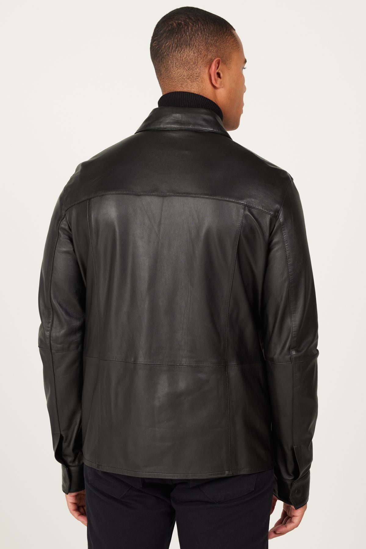 Male black 100 %genuine leather jacket standard fit normal cut classic collar