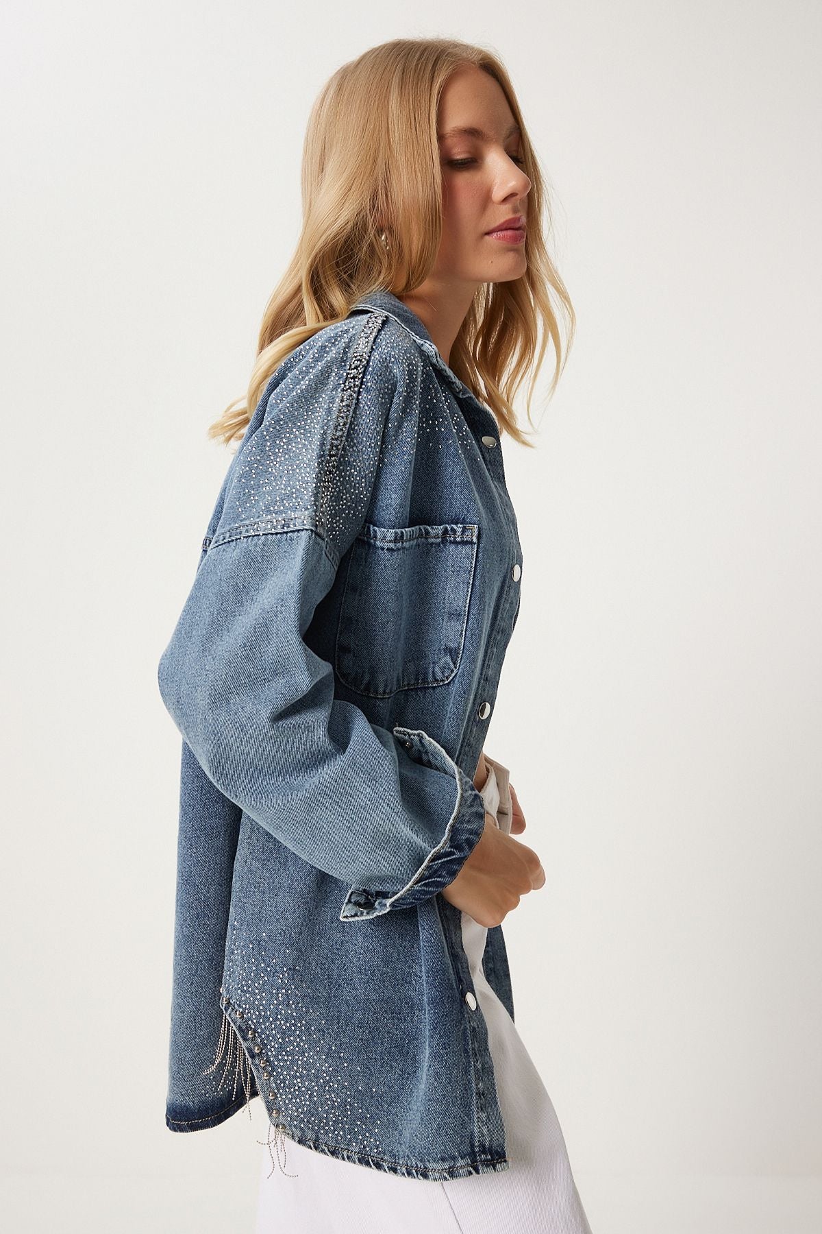 Woman Light Blue Chain Detailed Oversize denim jacket es00169