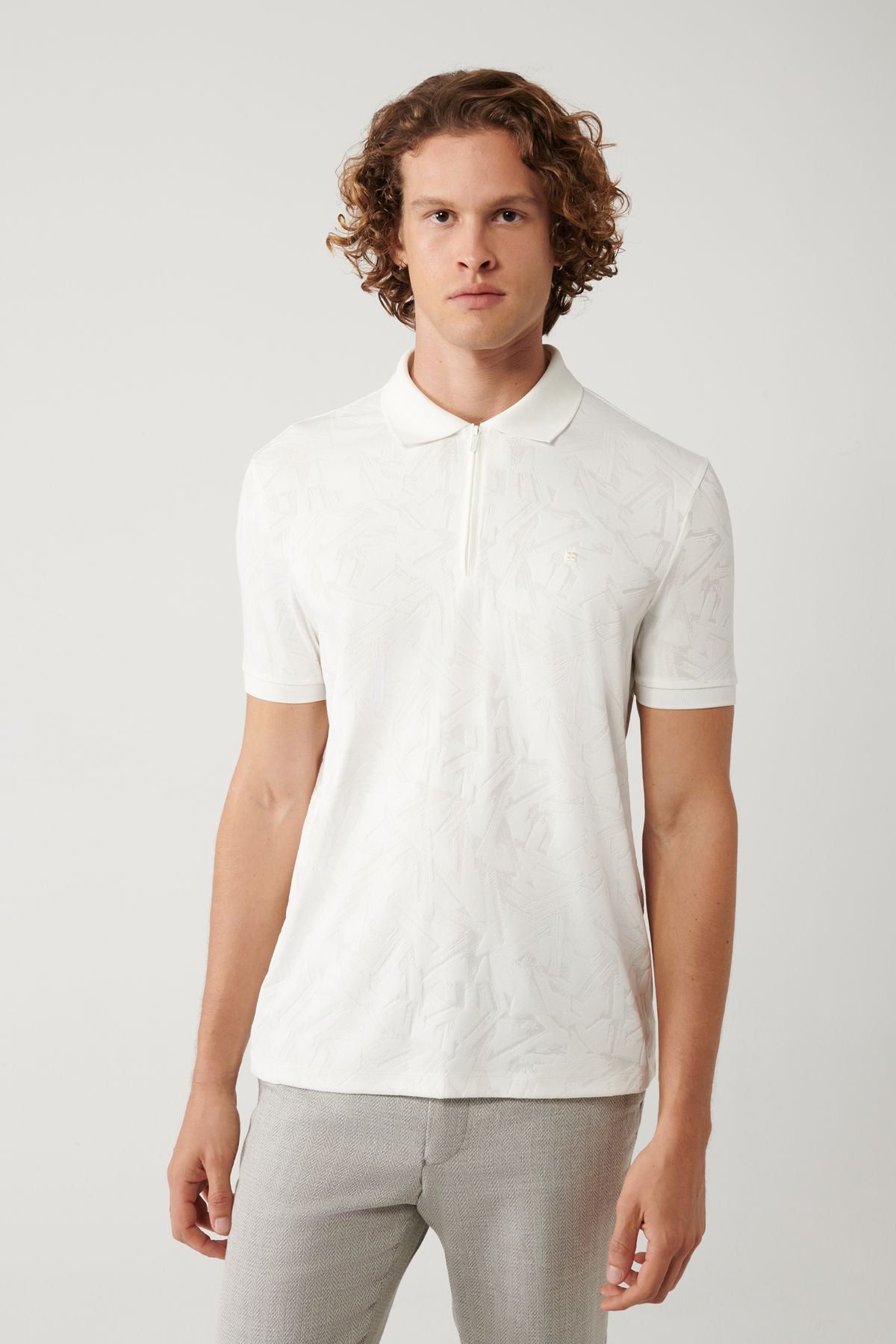Men's White Zipper Jacquard Polo Yaka T-shirt A41y1118