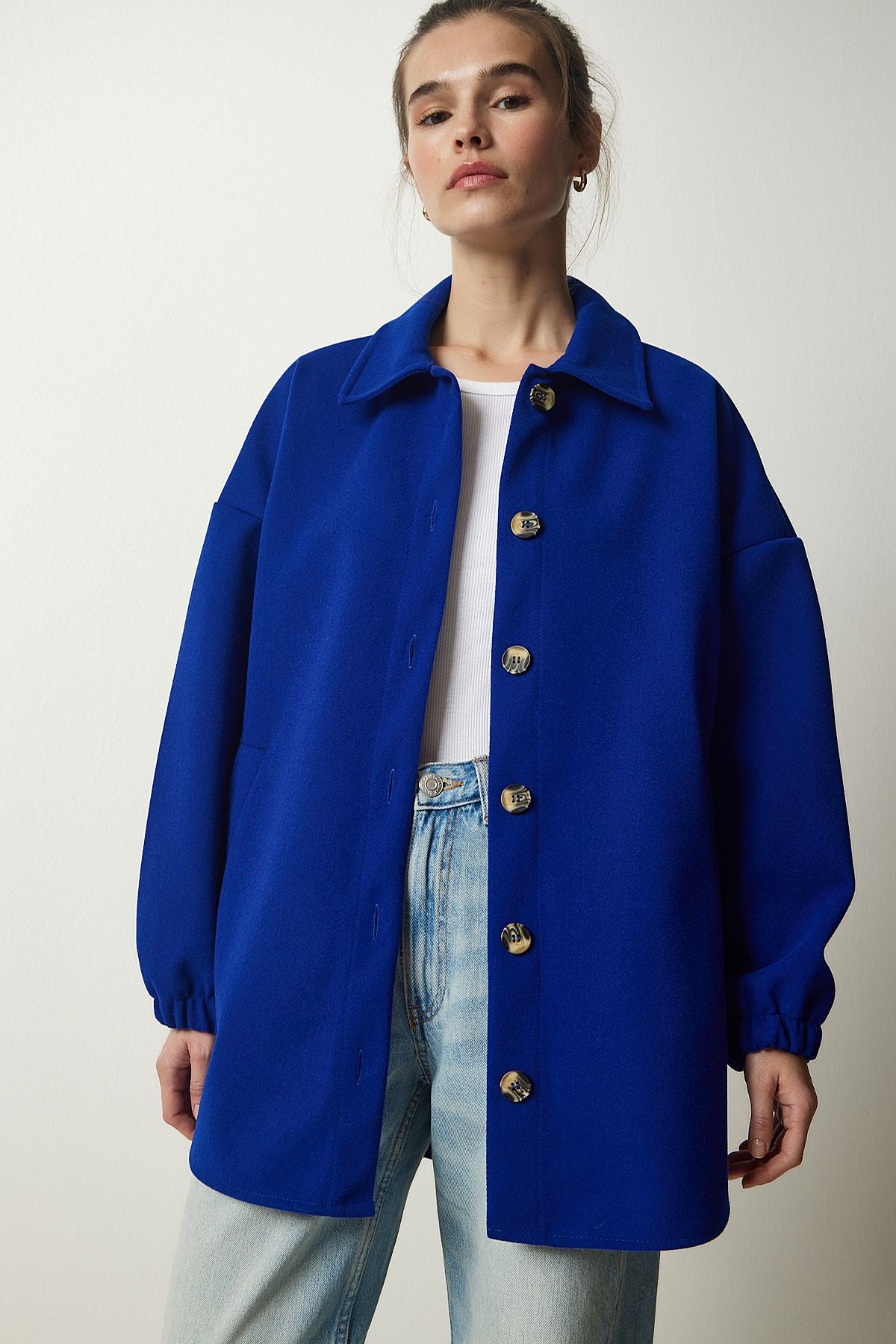 Woman Cobalt Blue Button Pocket Oversize Shirt Jacket DD01263