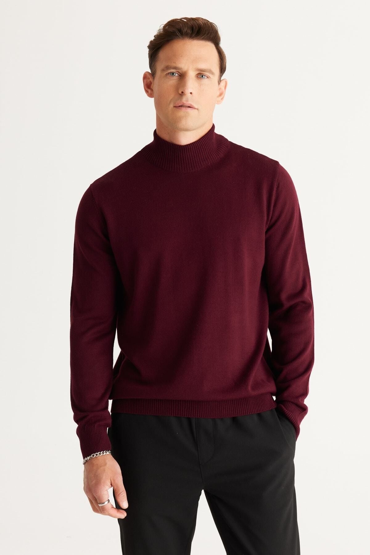 Men's burgundy hair does not make standard fit normal cut half fisherman collar knitwear sweater