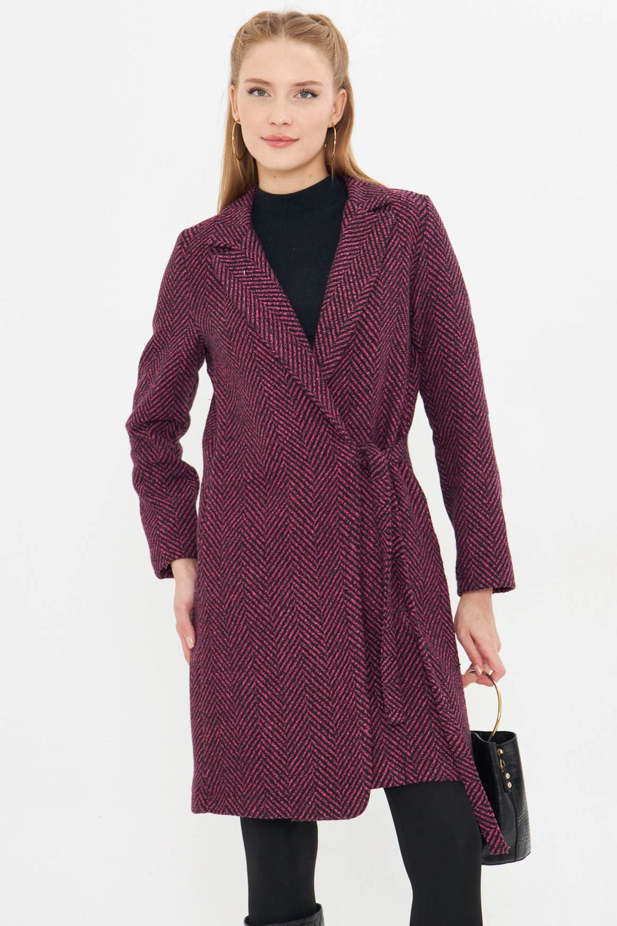 Women's Fuchsia side-binding fish back pattern long stamp coat ARM-24K001010