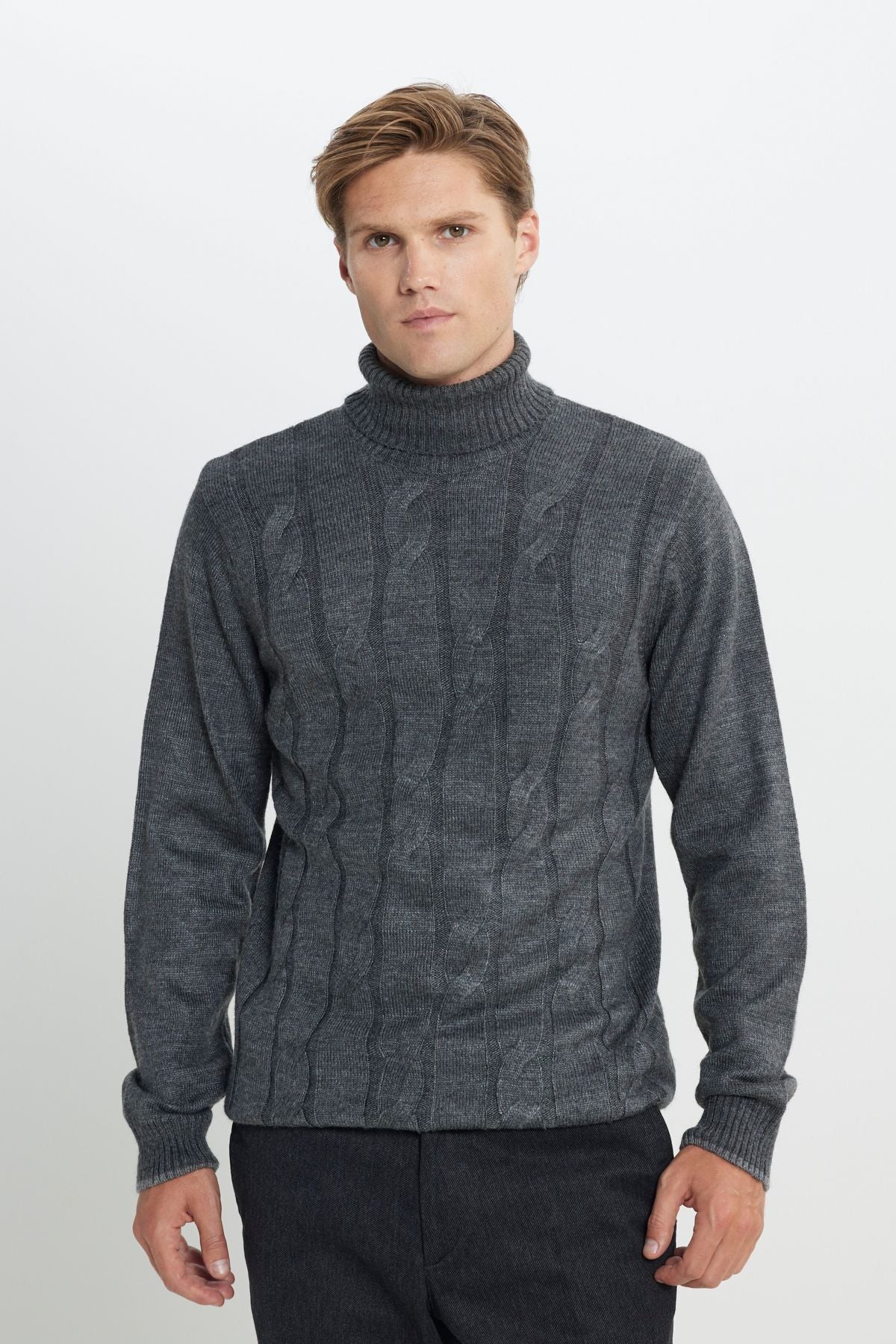 Men's anthracit-melanj standard fit normal cut full fishing collar jacquari knitwear sweater