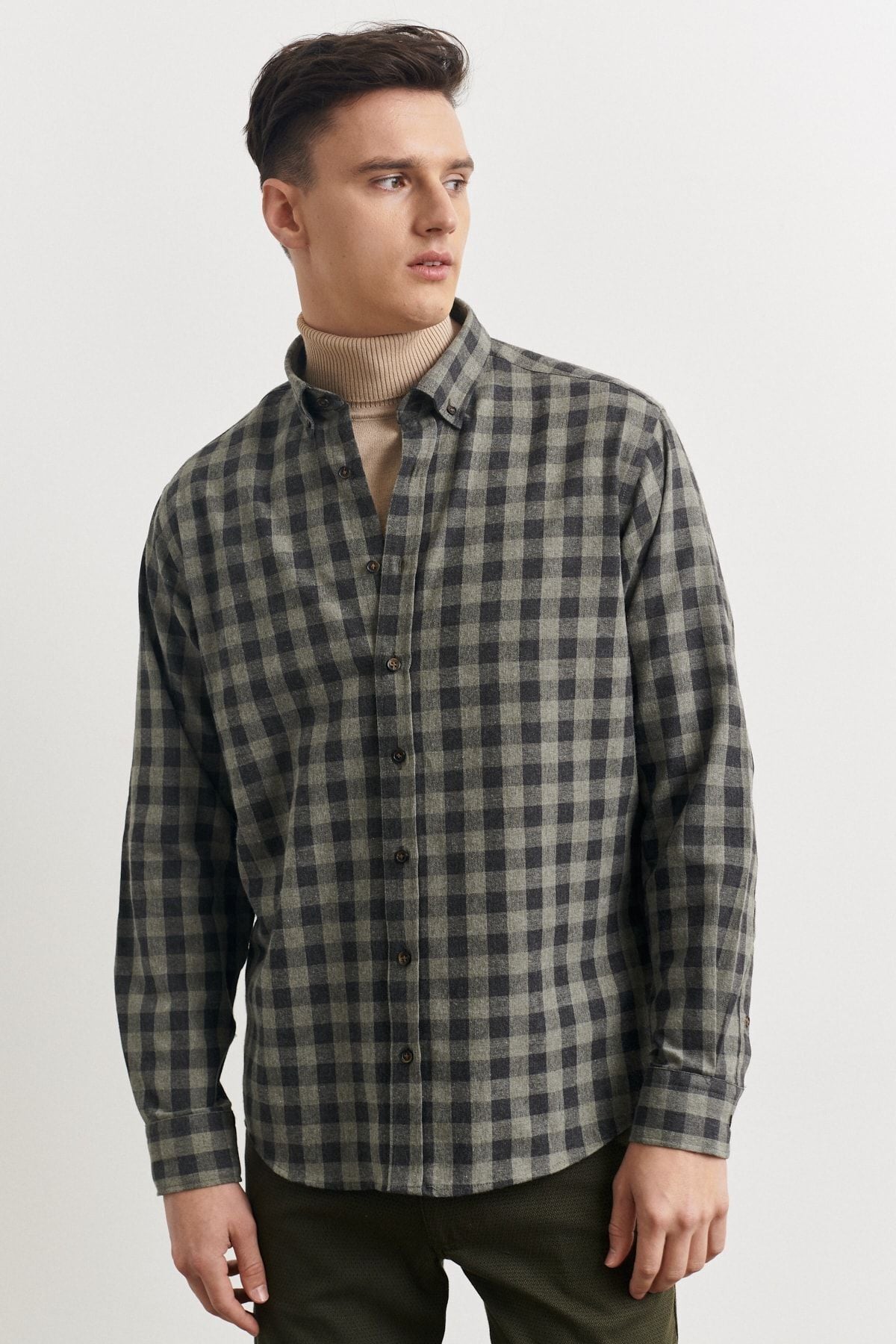 Men's anthracite-green comfort fit comfortable cut buttoned collar checkered flannel lumberjack shirt