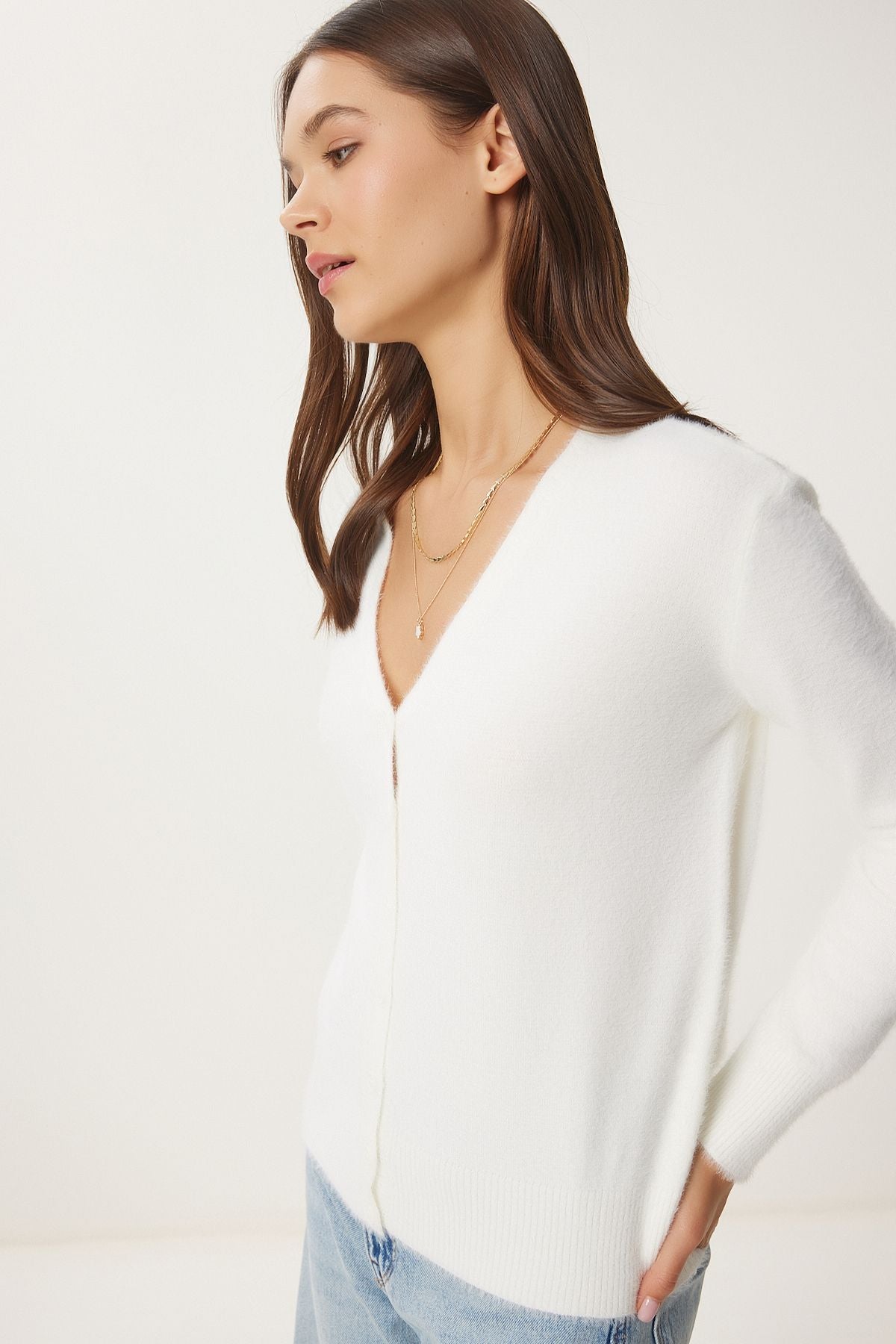 WOMEN ECRU V -Yaka Bearded Seasonal Triko Cardigan FN03446