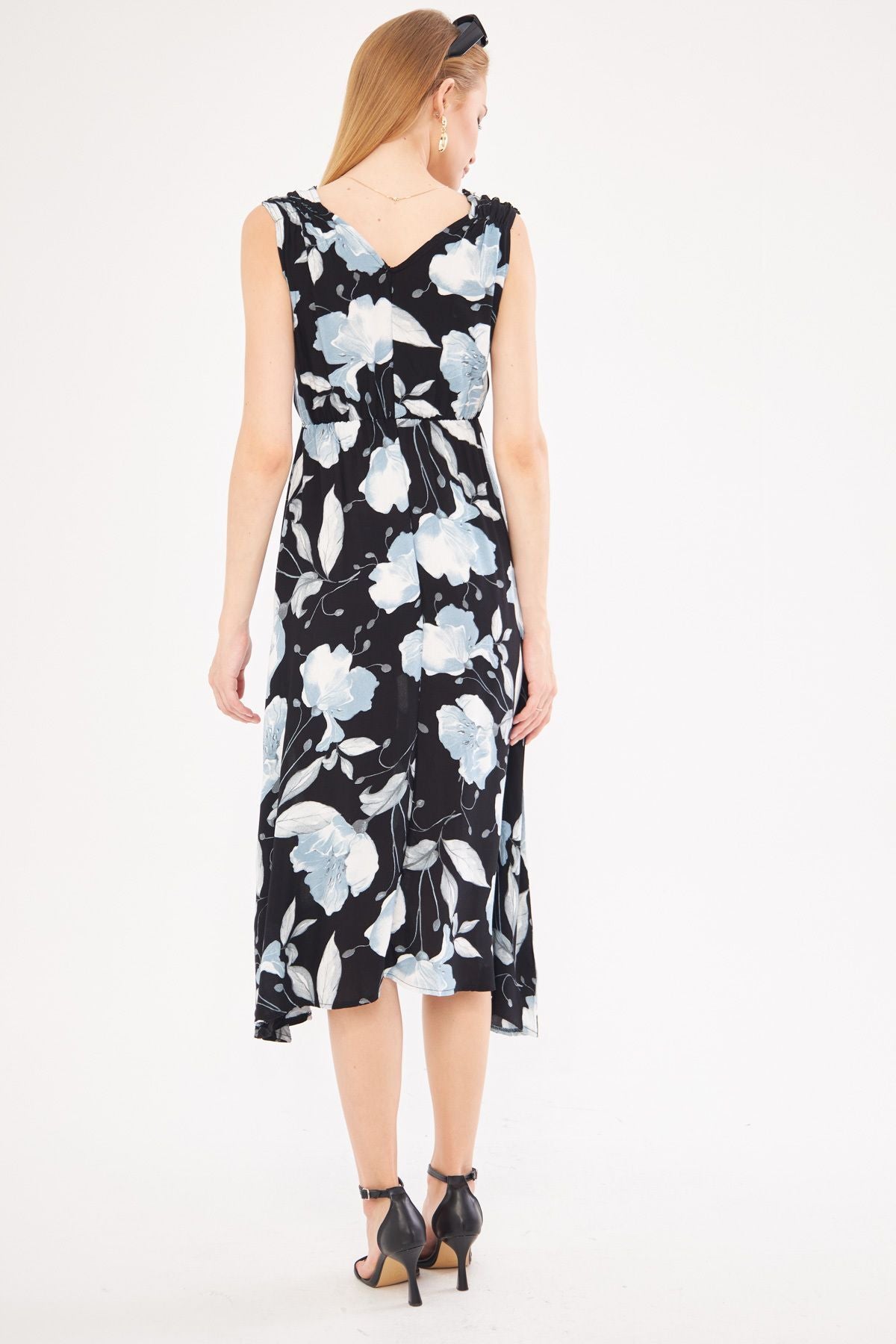 Woman Black-Gri Patterned Waist and Shooter Cruve Cruve Midi Boy Dress ARM-24Y001052