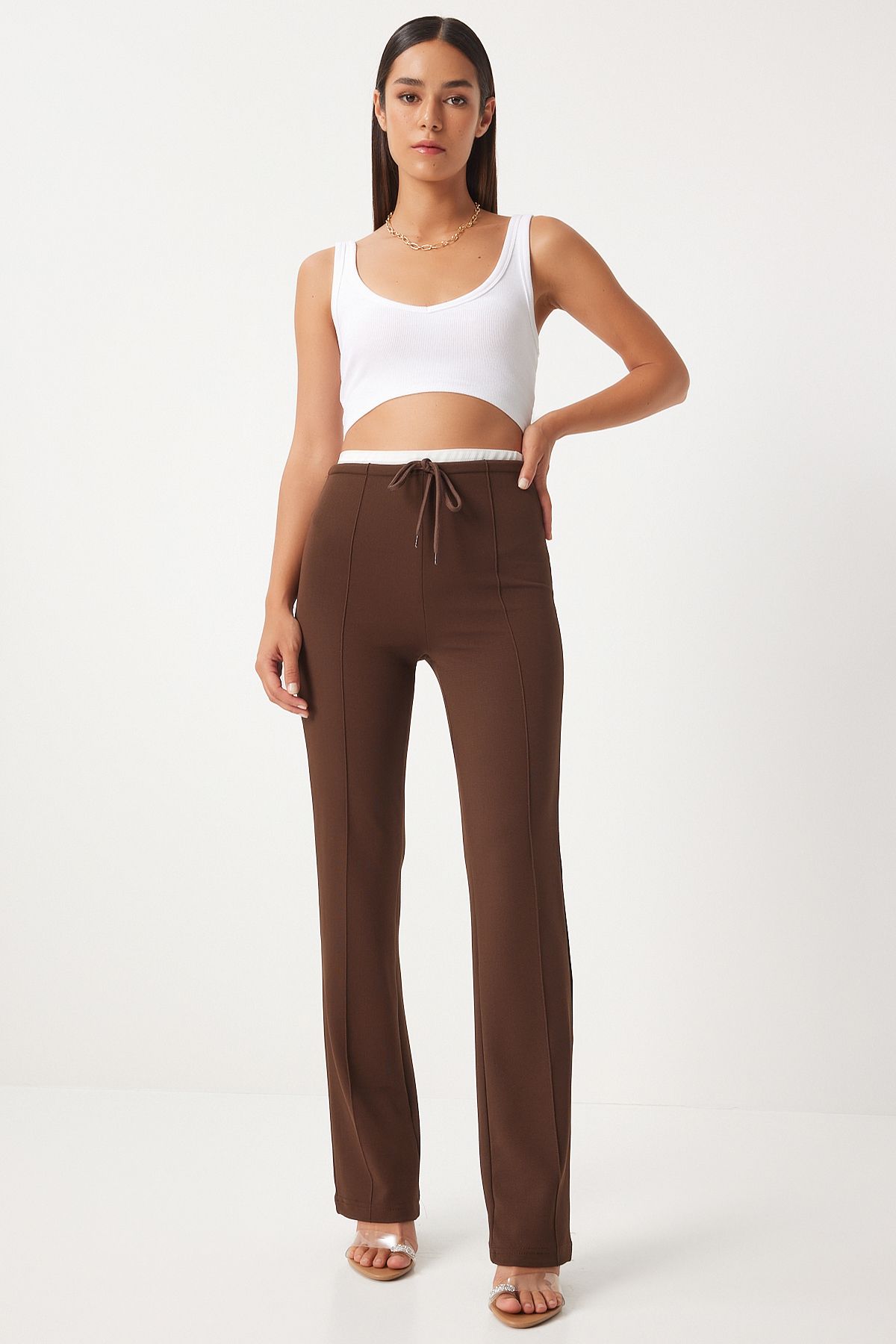 Female Brown Binding Detailed Knitting Pants RV00157