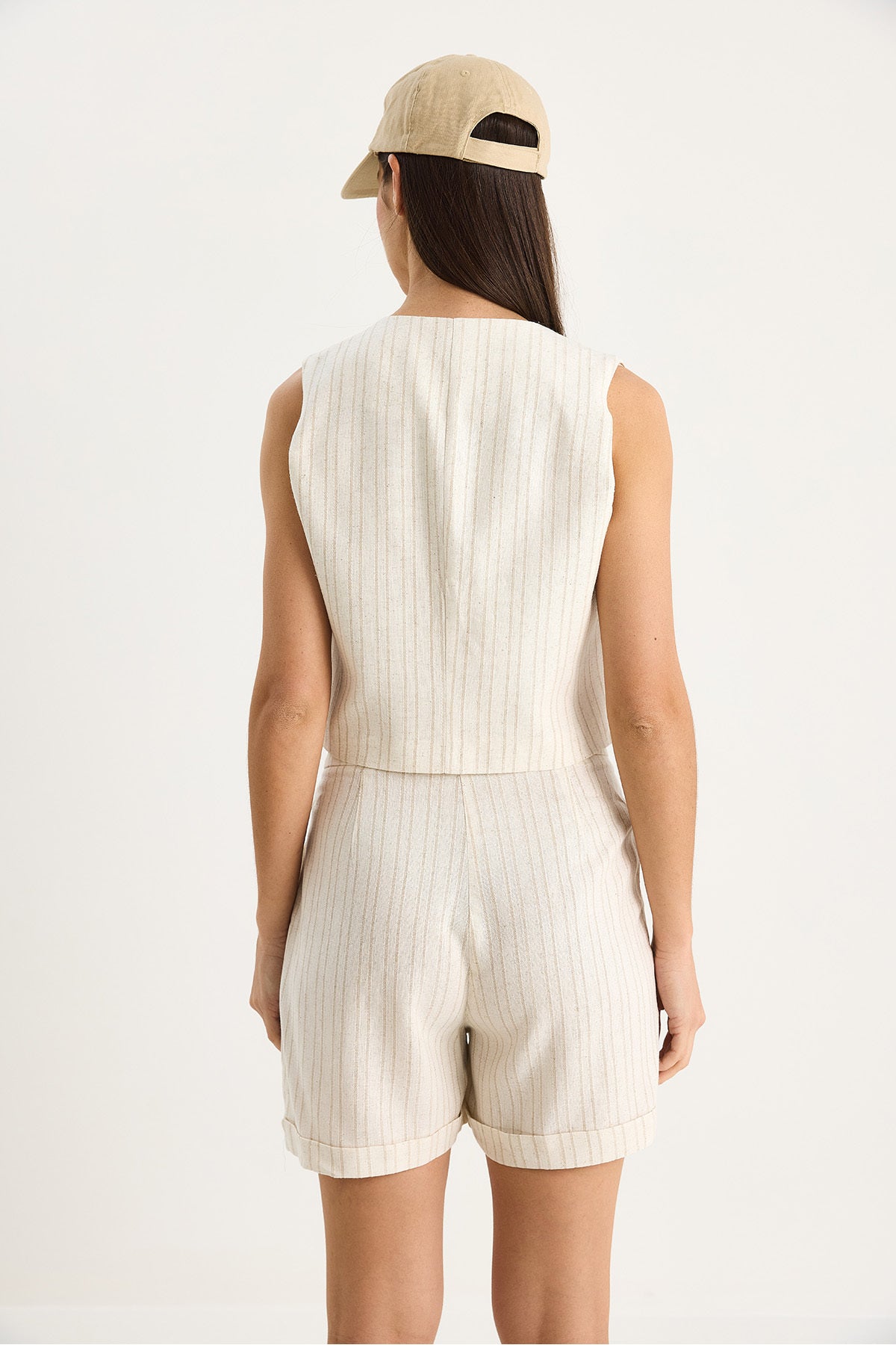 Women's Double Striped Tie Detailed Vest High Waist Linen Suit with Shorts 9376 60281069