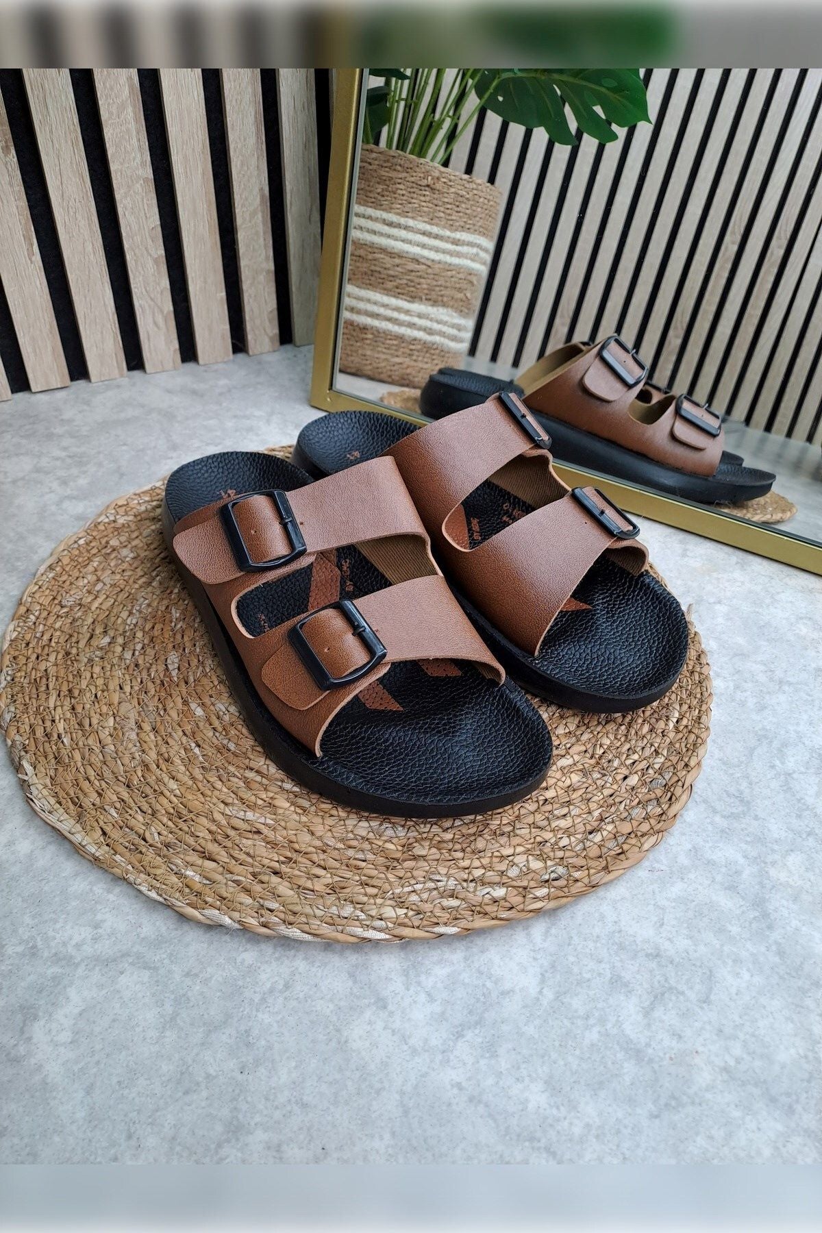 DAILY MEN'S Slipper Double Adjustable Frame Patterned Anatomic Base Soft Casual Sandals 066