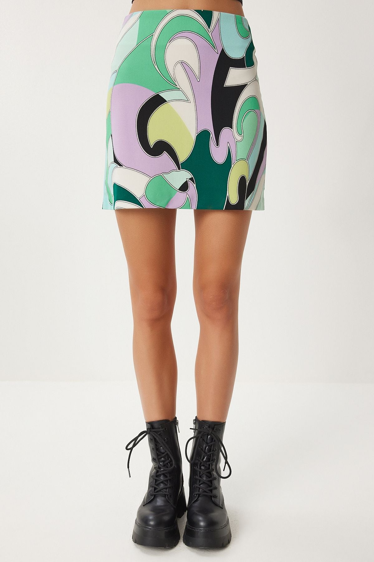 Female Water Green Black Patterned Mini Knitting Skirt FN03199