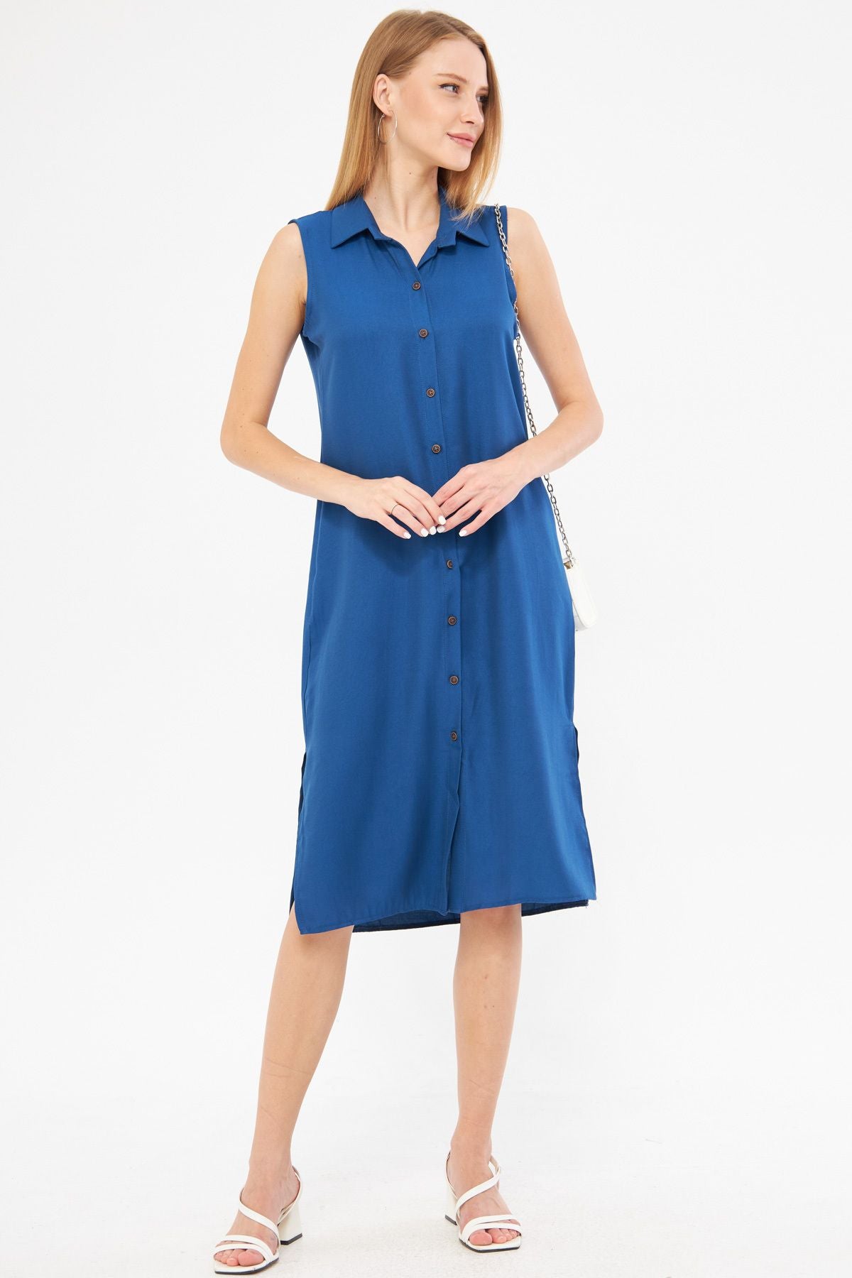 Woman Dark Blue Collar buttoned dress ARM-17Y00028