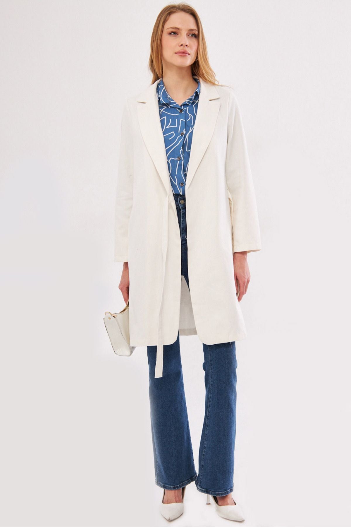 Woman Ekru Side Ties Long Coat ARM-24Y001019