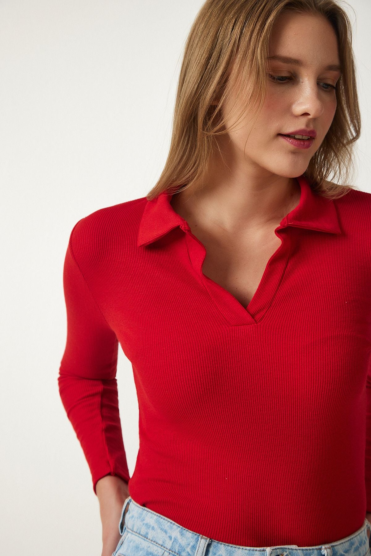 Woman Red Polo Yaka Retli Knitting Blouse GT00111