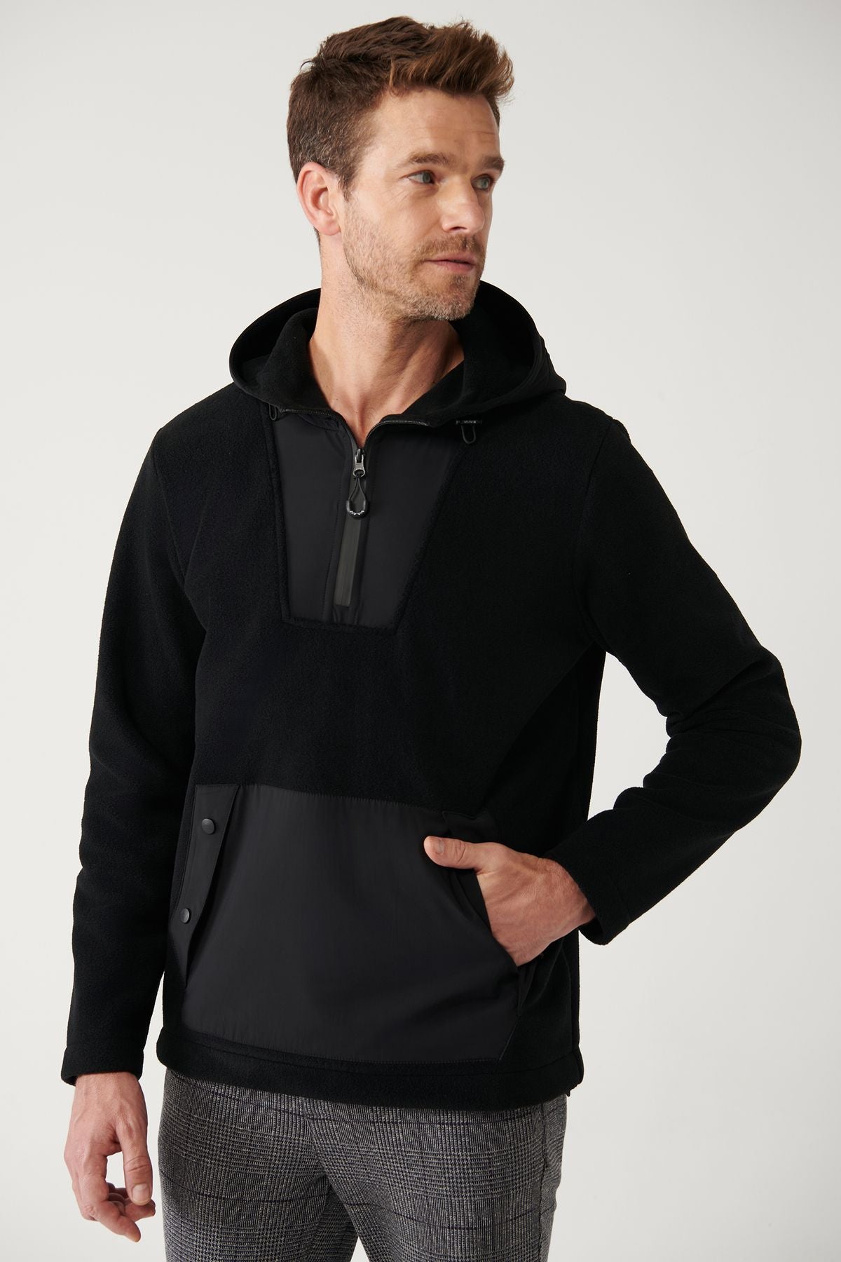 Men's black hooded garni fabric detailed polar sweatshirt a32y1392