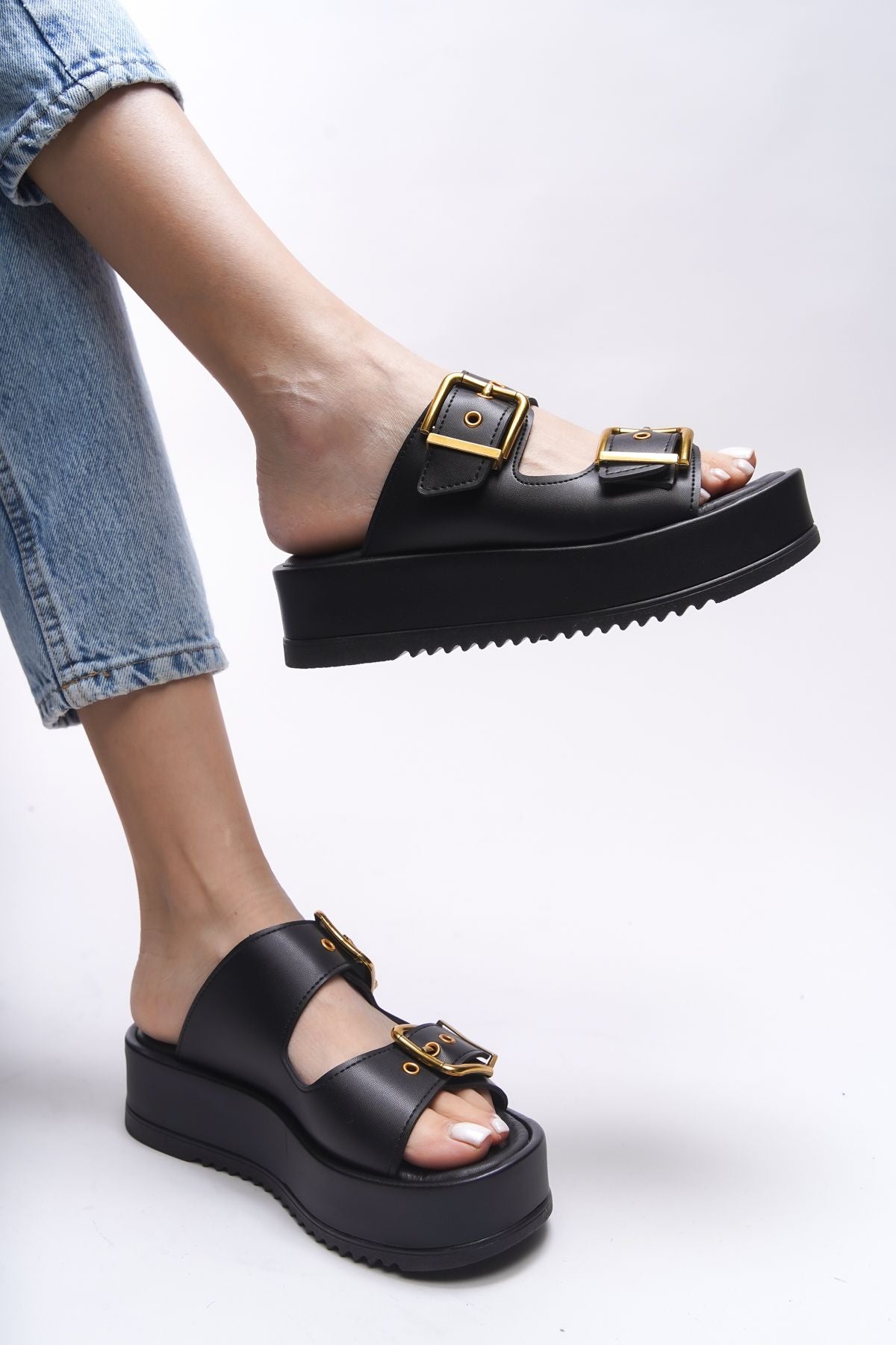 Winledha Female Double Buckle Slipper 001278 Black Skin