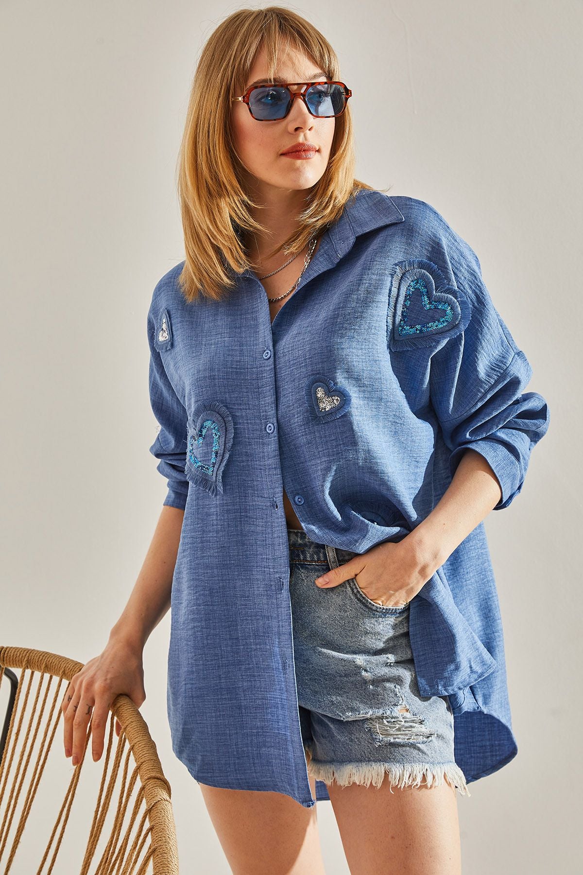 Woman Blue Linen Tassel Detailed Embroidery Heart Working Oversize Shirt 60251030