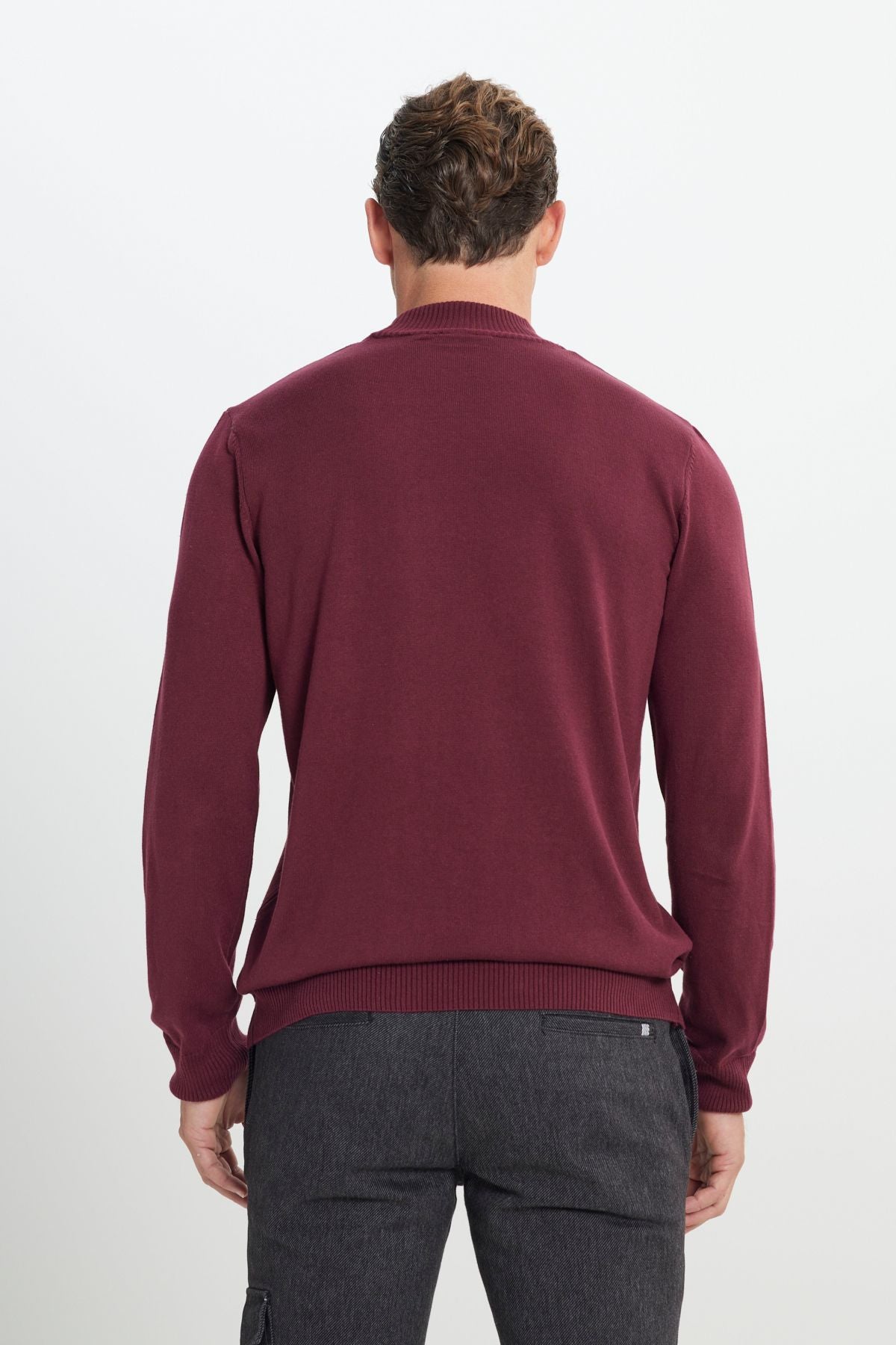 Men's Bordeaux Standard Fit Normal Cut Half Fisherman Collar Cotton Knitwear Sweater