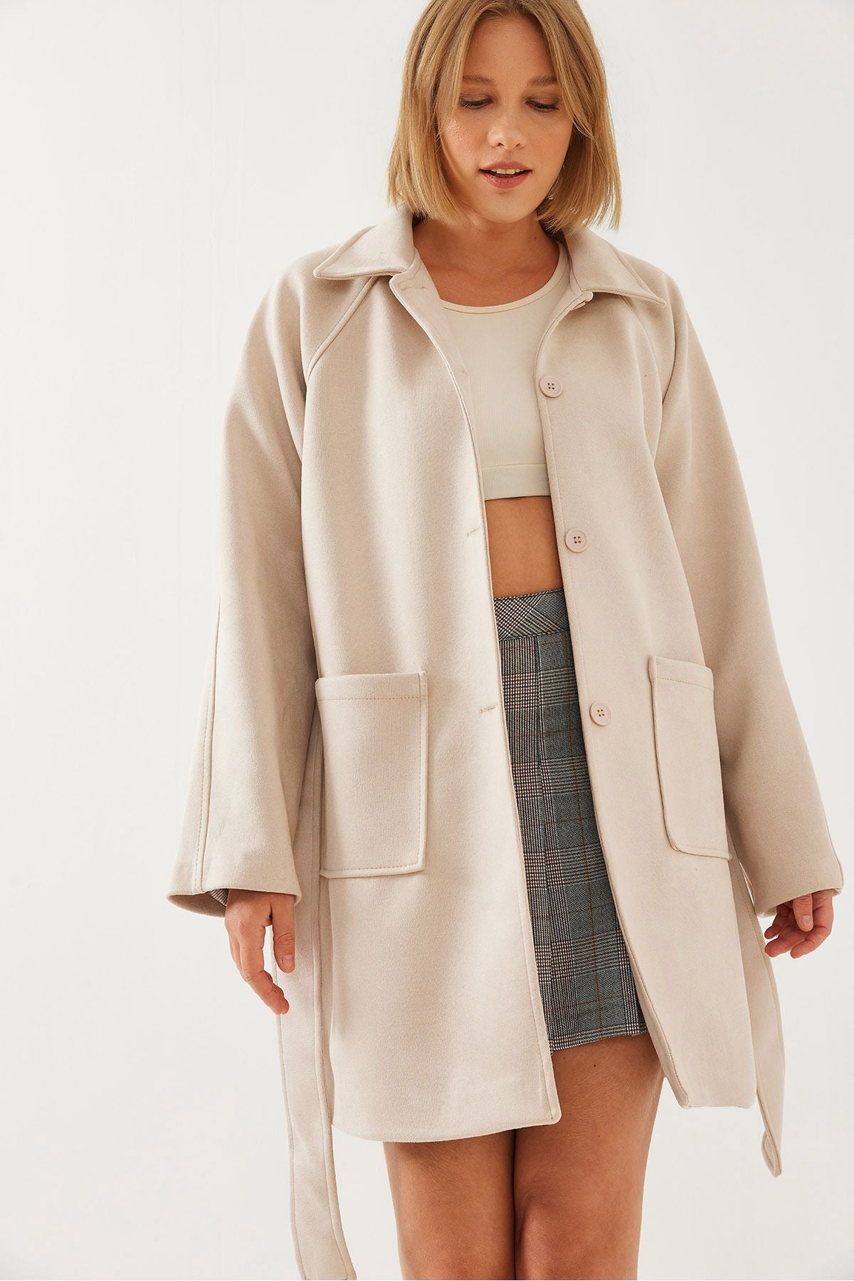 Female striped lining detail belt suede trench coat 2601 60351118