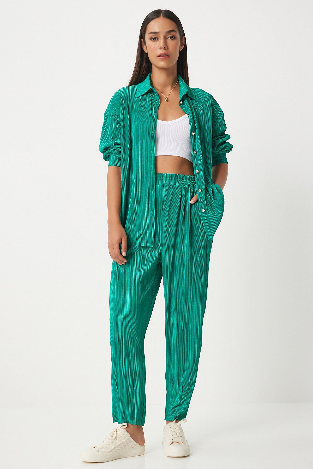 Female Green Stylish Buttoned Filis Pants Pants Set FN03235