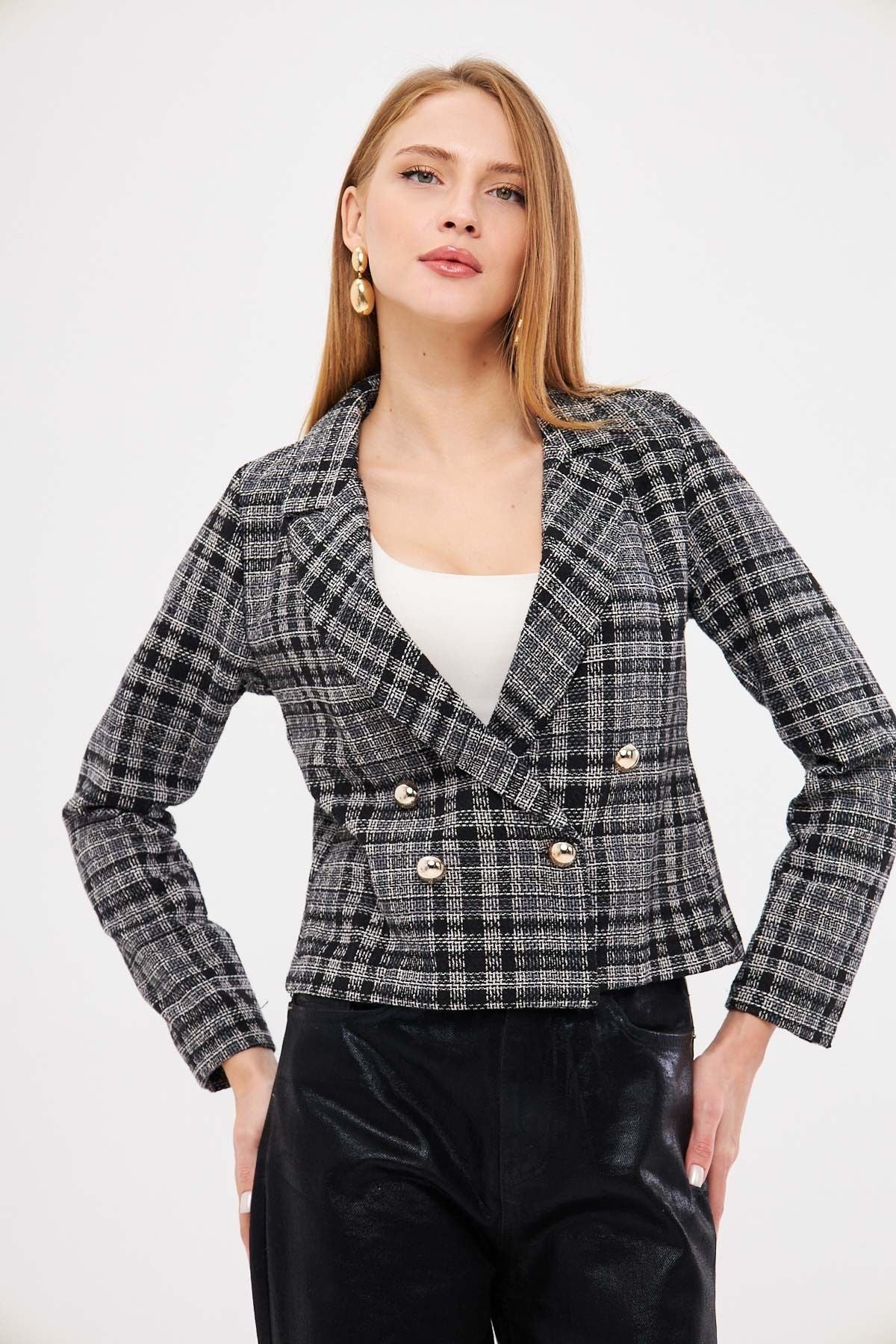 Women's Gray-Black Cruve Yaka Tüvit Crop Jacket ARM-24K001014