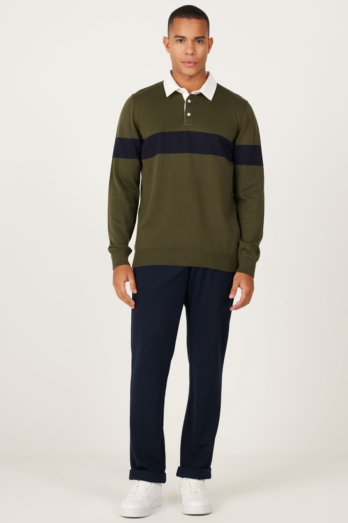 Men's Khaki-Navy Blue Standard Fit Normal Cut Polico Knitwear with 100 %Cotton Patterned Patterned