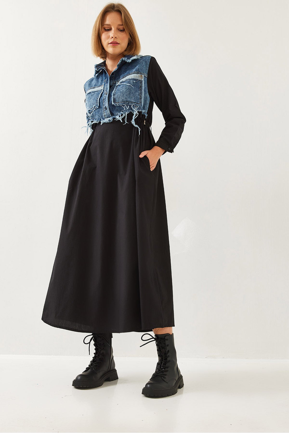 Women's Denim Garnished Long Flared Dress 60351248