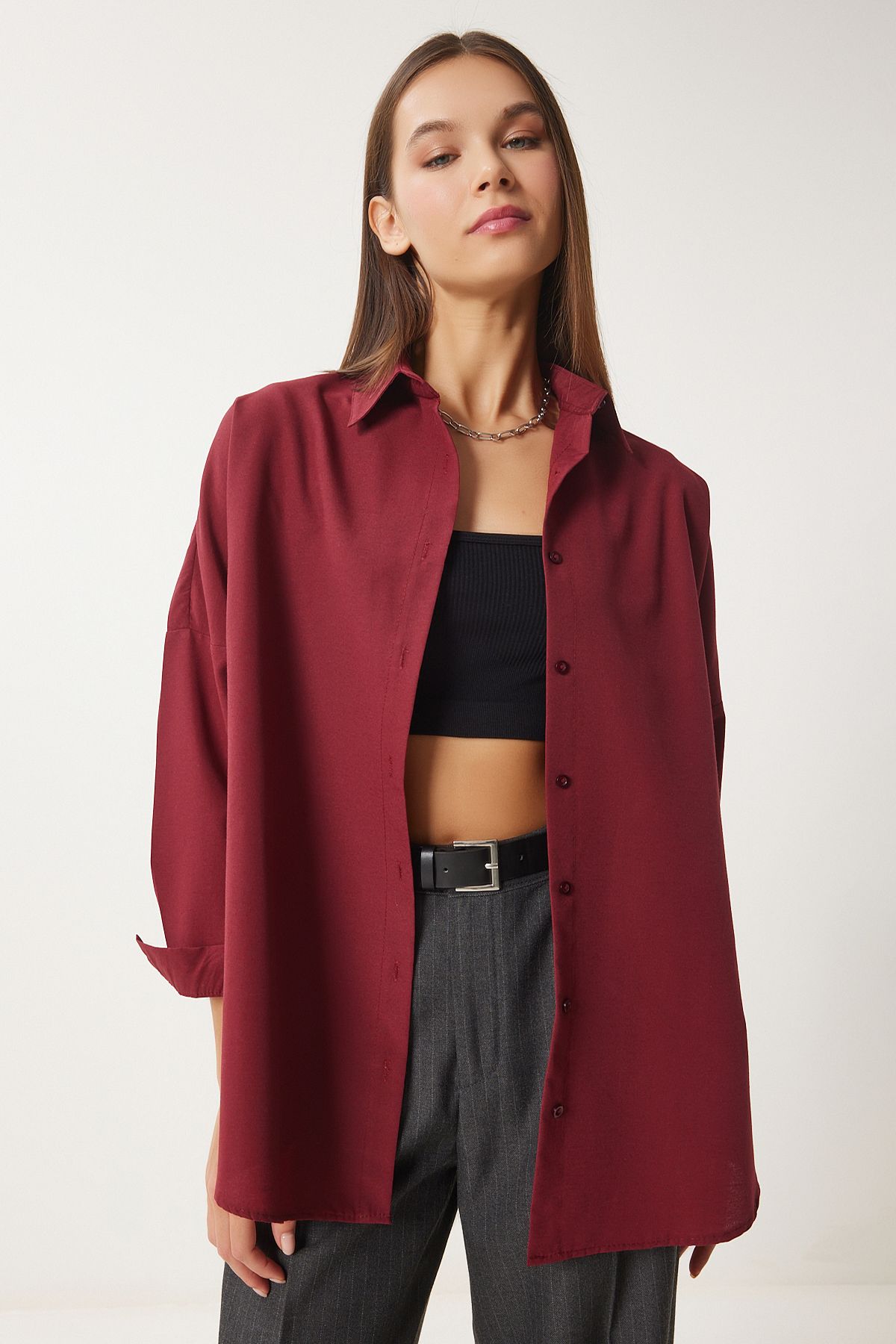 Woman Bordeaux Oversize Long Basic Shirt DD00842