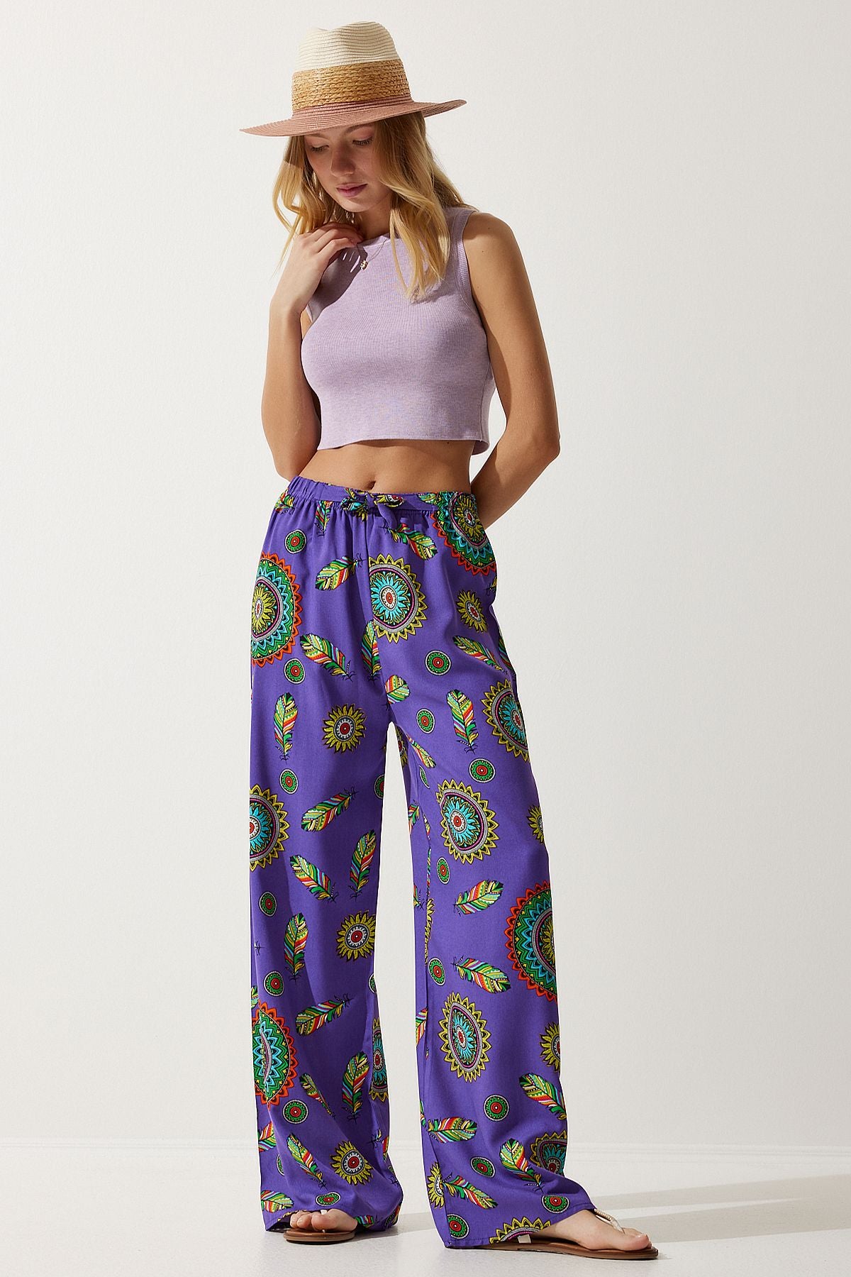 Woman Purple Patterned Viscose Palazzo Pants EN00606