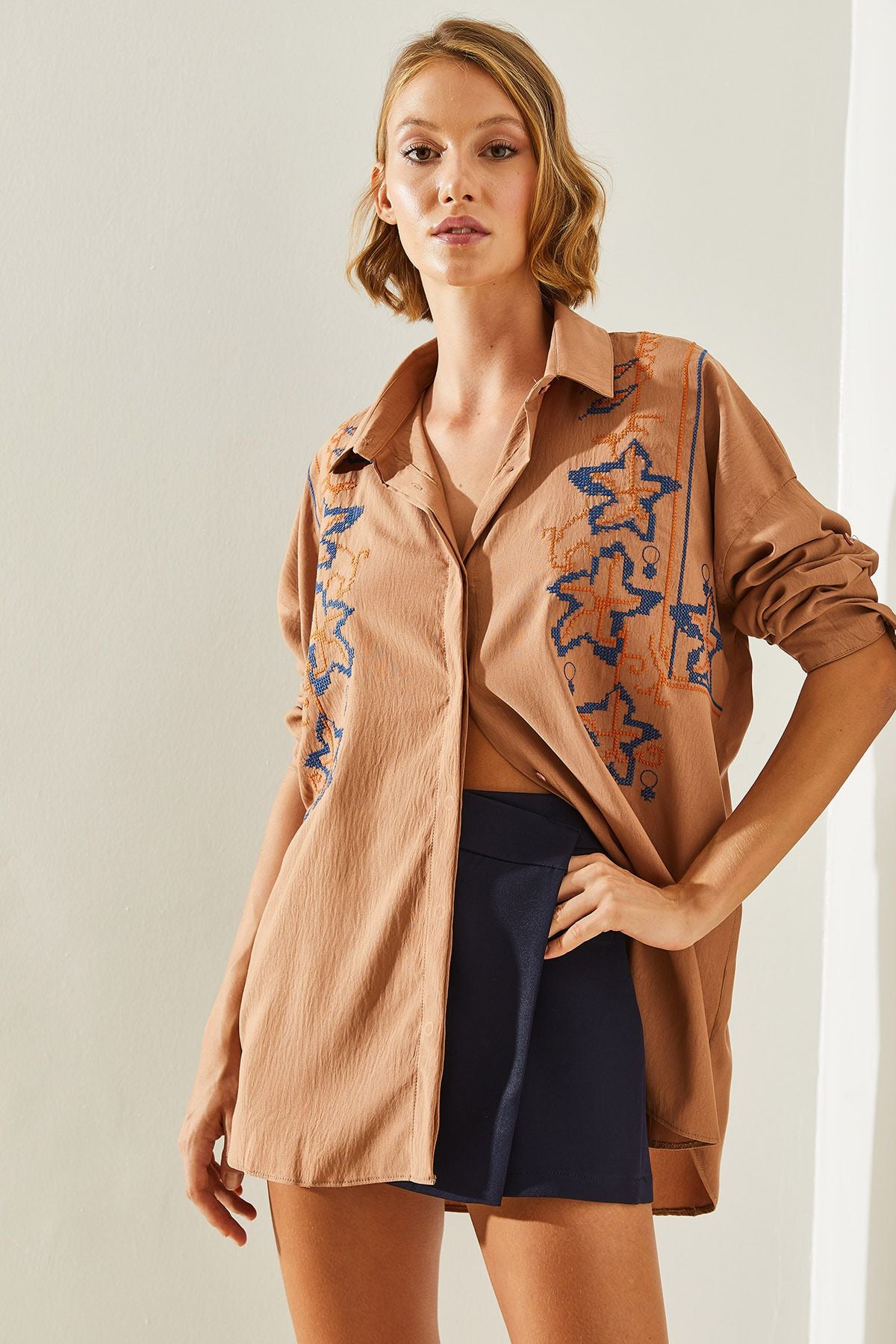 Woman Embroidery Processing Patterned Oversize Shirt 5928 60251479