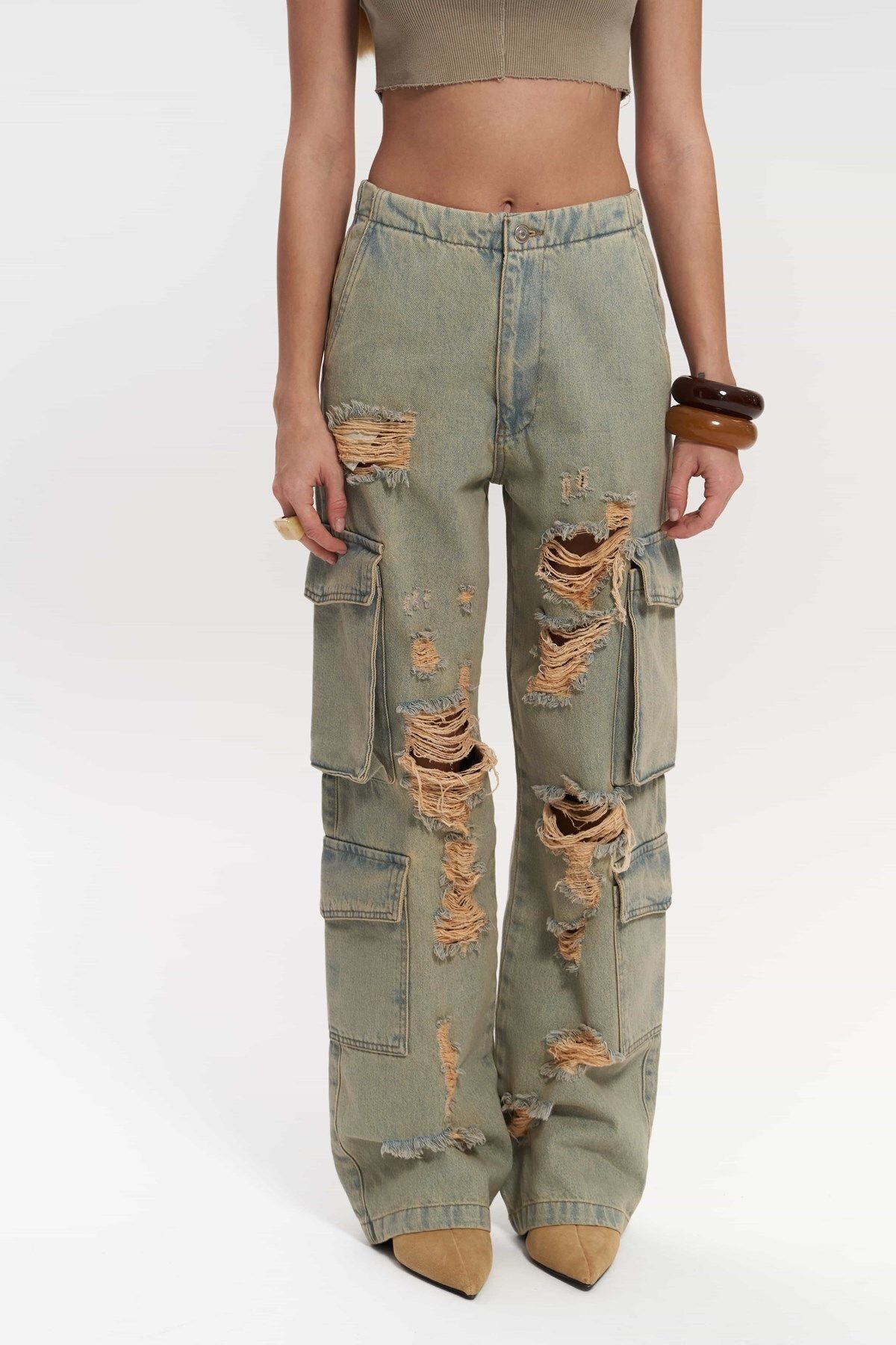 Dries Dirty Gray Torn Detail Cargo Jean Pants