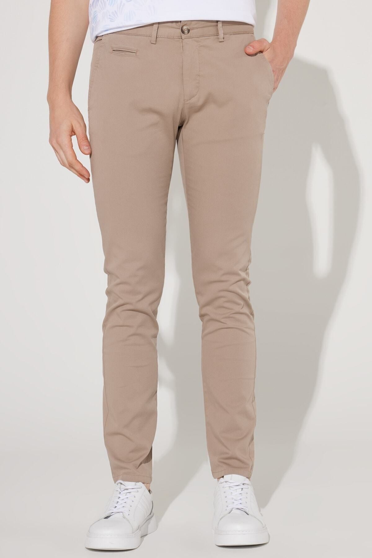 Men's Beige Slim Fit Narrow Cutting Side Pocket Cotton Diagonal Patterned Flexible Pants