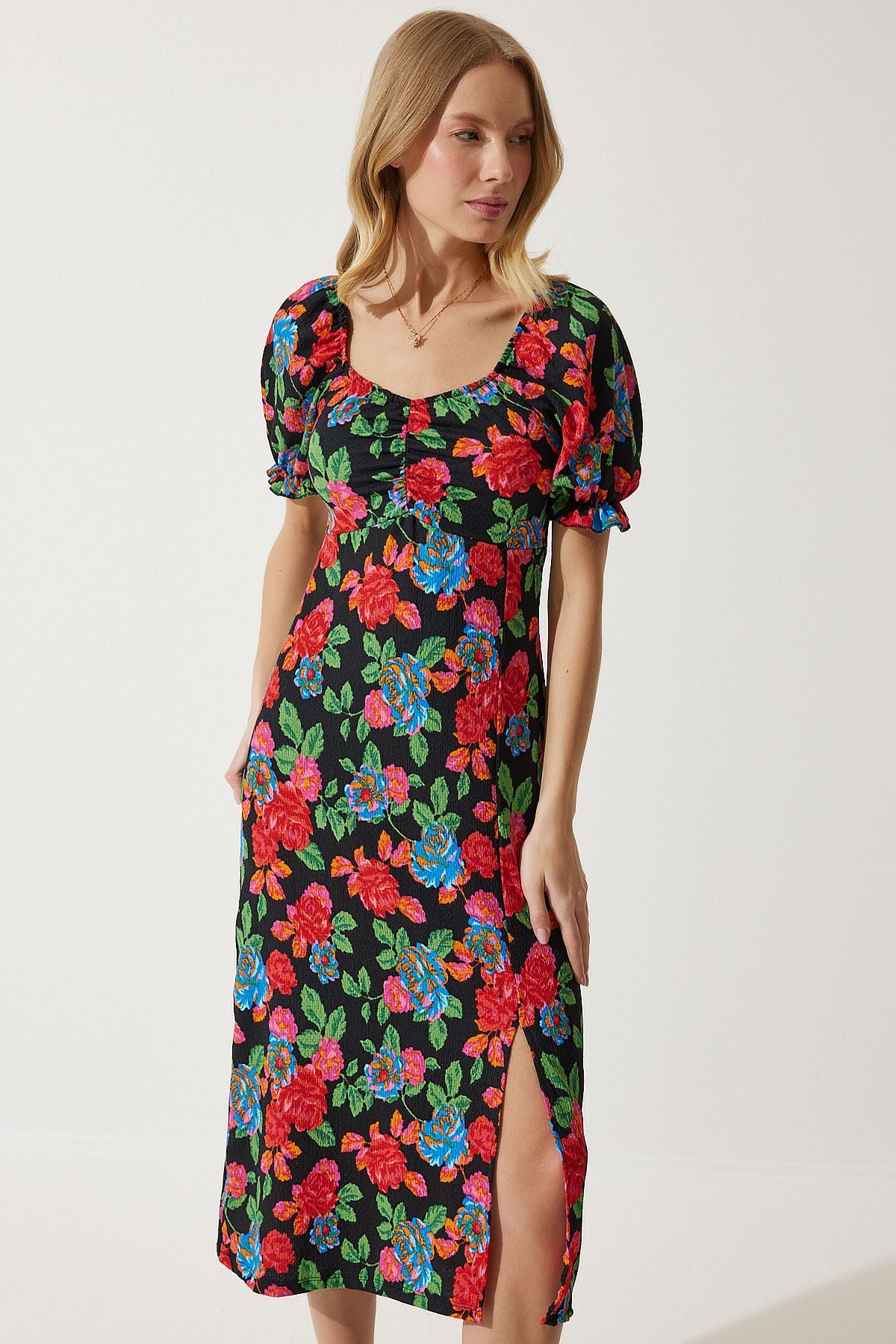 Woman Red Elastic Carmen Yaka Summer Viscose Dress MC00172