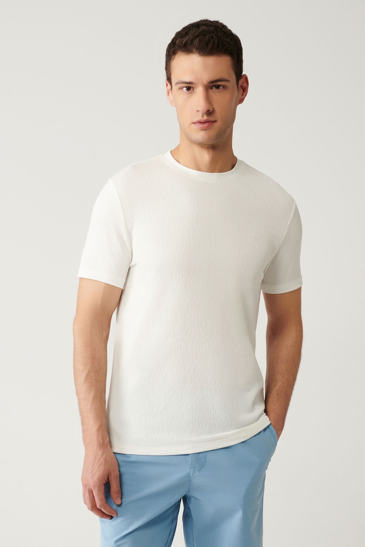 Men's white bike collar jacquard cotton T-shirt A41y1322