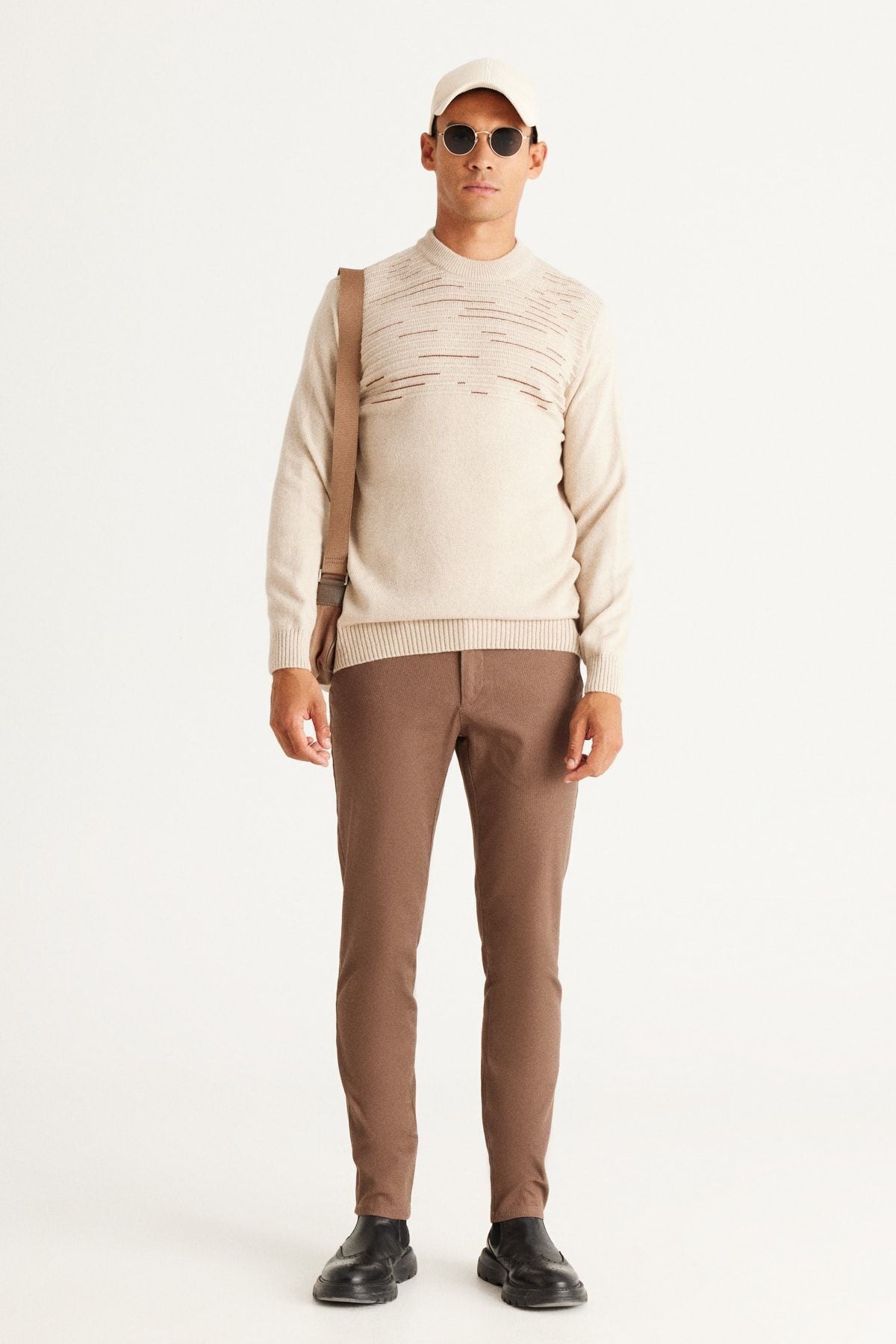 Men's Beige-Rıremıt Standard Fit Normal Cut Half Fisherman Yaka knitwear sweater